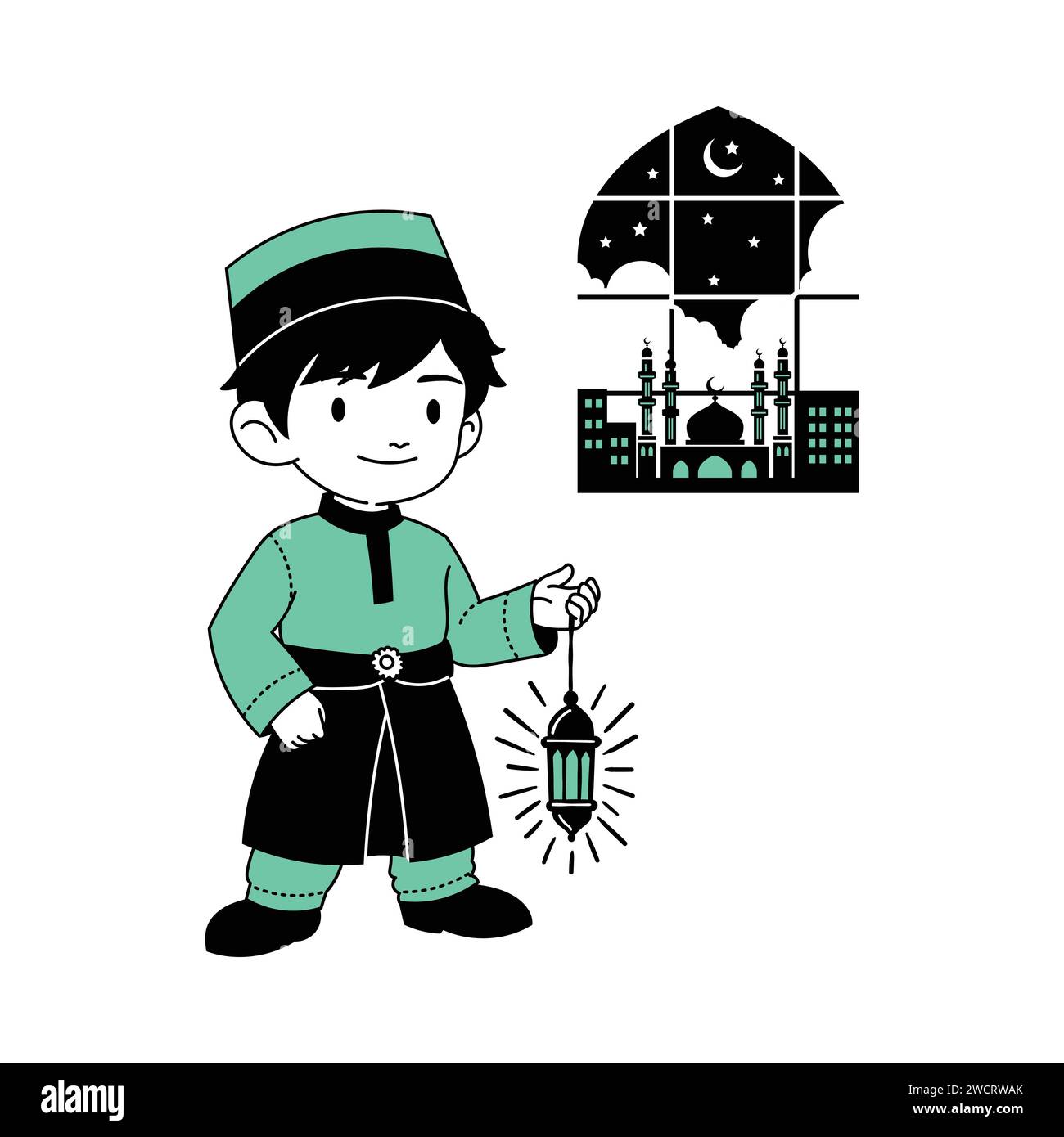 Line art vettore del tempo di preghiera nel ragazzo musulmano durante il Ramadan. Benedizioni del digiuno e della sua rottura dopo sera. Illustrazione vettoriale disegnata a mano Illustrazione Vettoriale