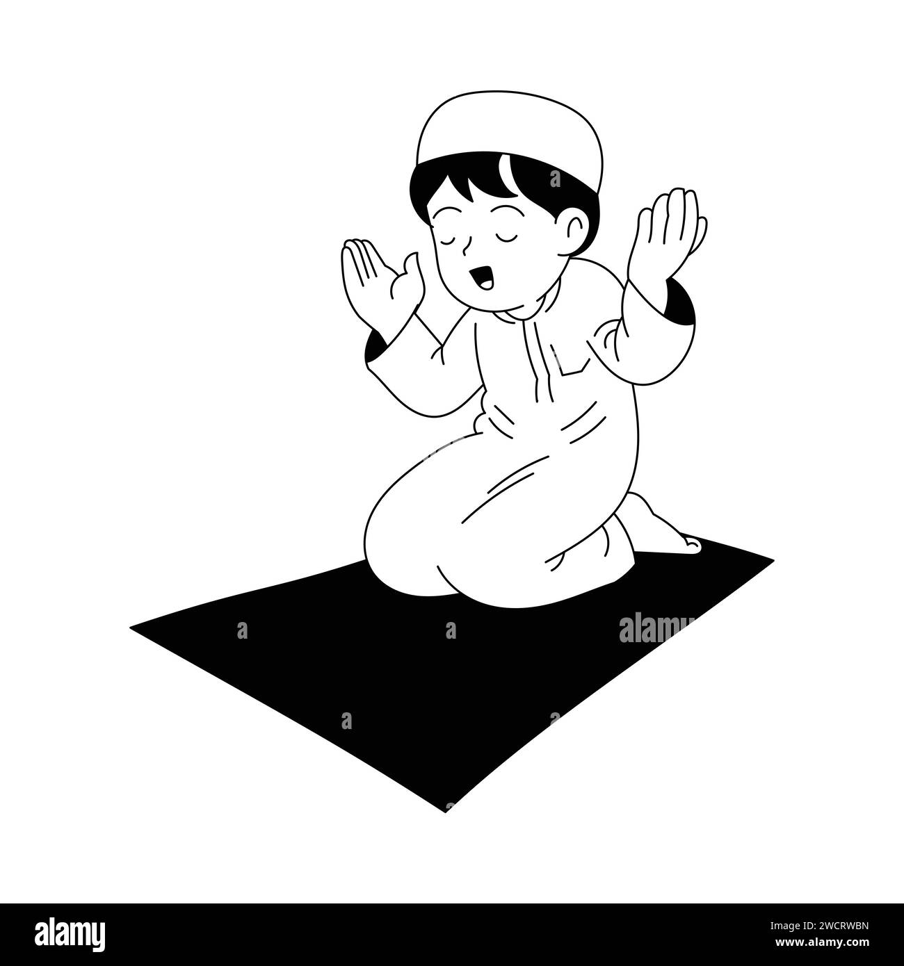 Line art vettore del tempo di preghiera nel ragazzo musulmano durante il Ramadan. Benedizioni del digiuno e della sua rottura dopo sera. Illustrazione vettoriale disegnata a mano Illustrazione Vettoriale