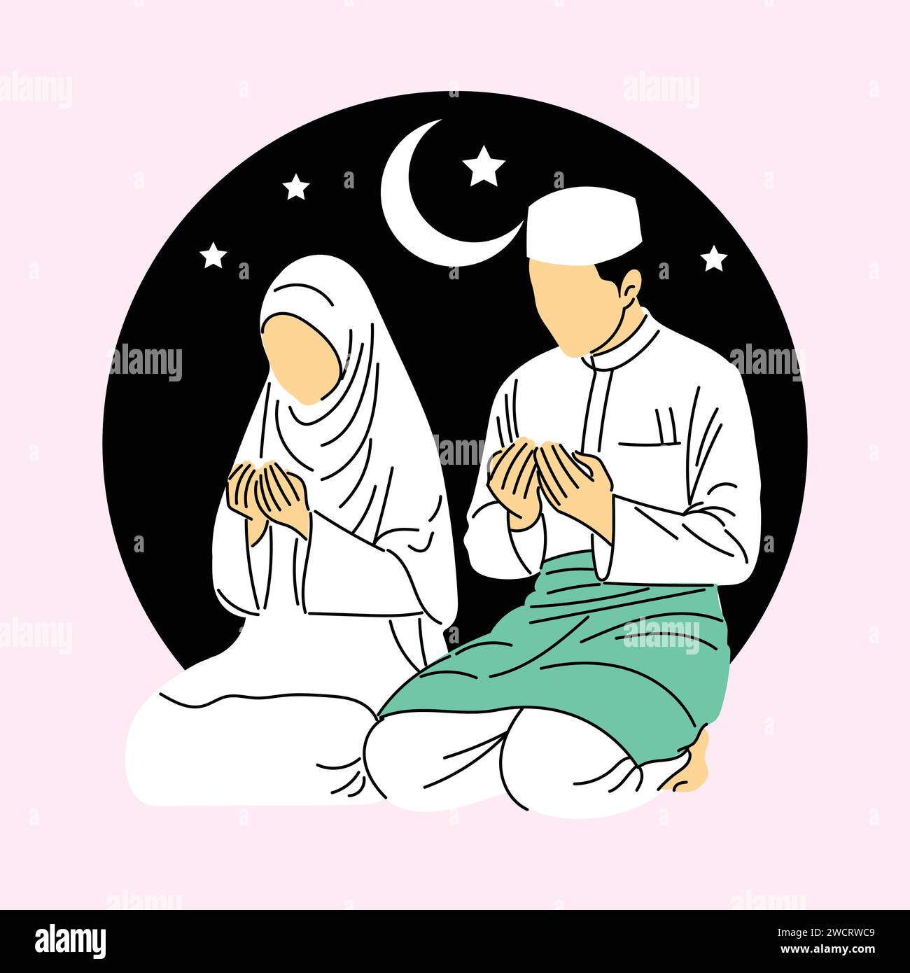 Line art vettore del tempo di preghiera nella famiglia musulmana durante il Ramadan. Benedizioni del digiuno e della sua rottura dopo sera. Illustrazione vettoriale disegnata a mano Illustrazione Vettoriale