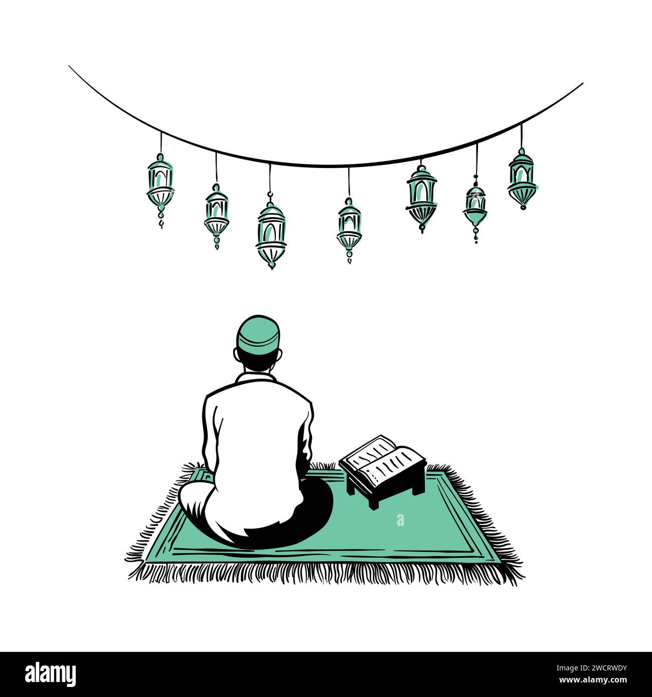 Illustrazione disegnata a mano di un musulmano che prega per prostrazione. Un uomo musulmano in prostrazione con un berretto sulla testa, per il concetto del mese Ramadan Kareem. La mano Illustrazione Vettoriale