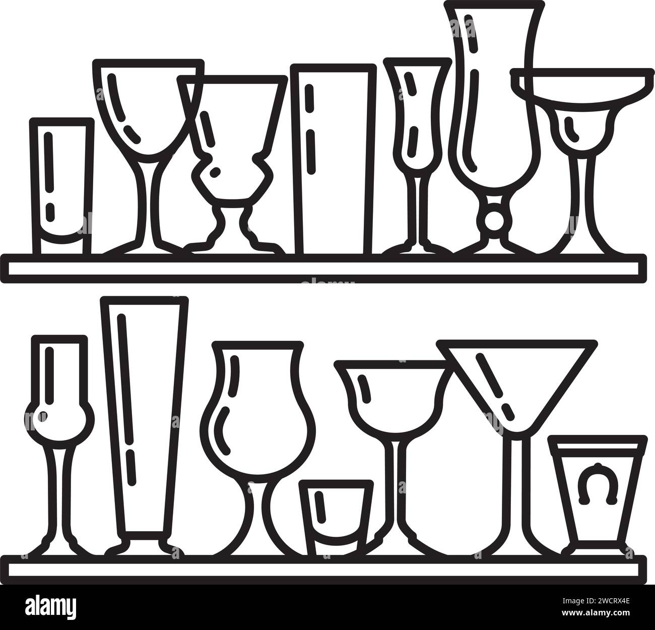 Varietà di bicchieri da cocktail sugli scaffali icona della linea vettoriale per il National cocktail Day del 24 marzo Illustrazione Vettoriale