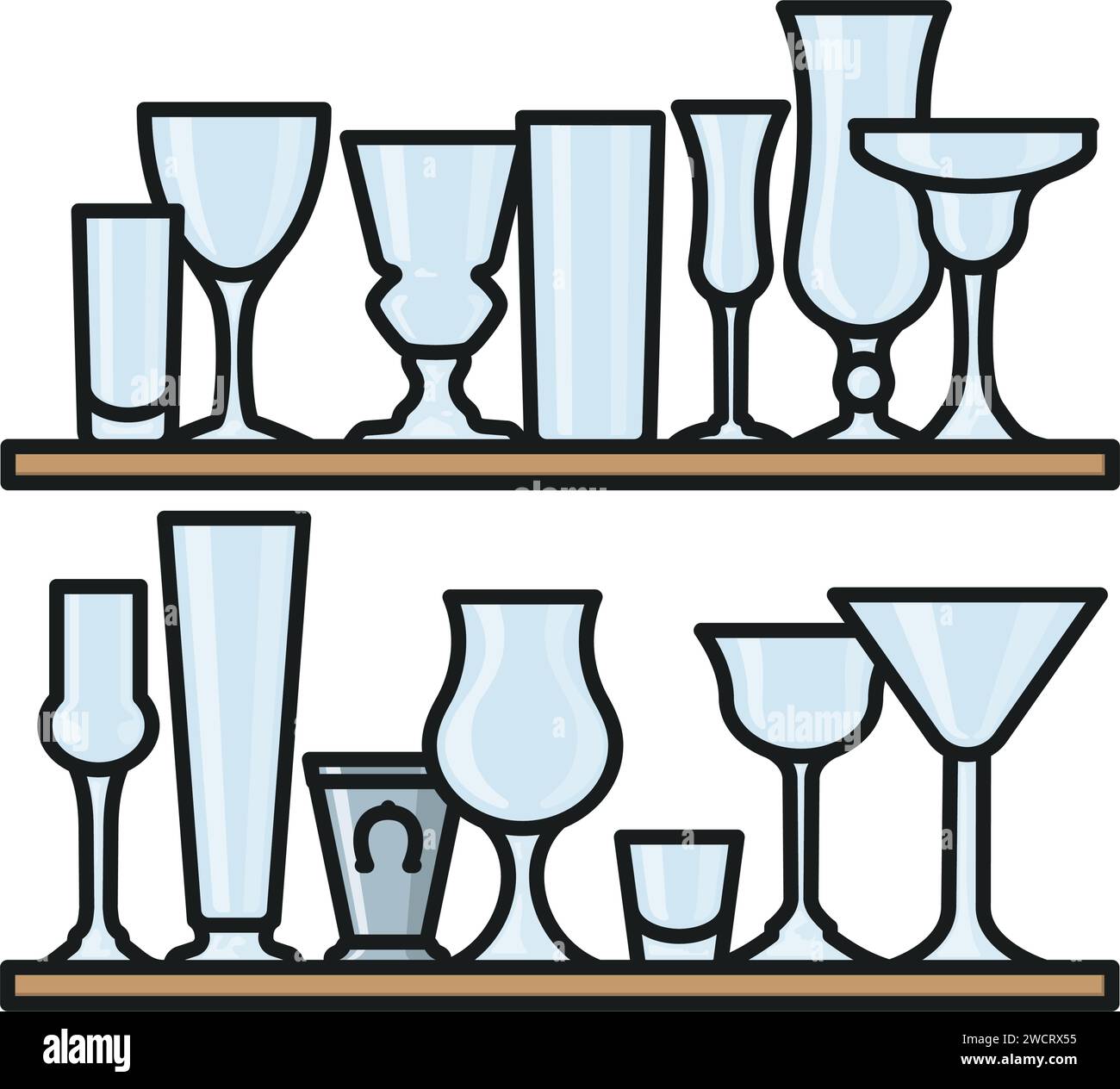 Varietà di bicchieri da cocktail sugli scaffali illustrazioni vettoriali isolate per il National cocktail Day del 24 marzo Illustrazione Vettoriale