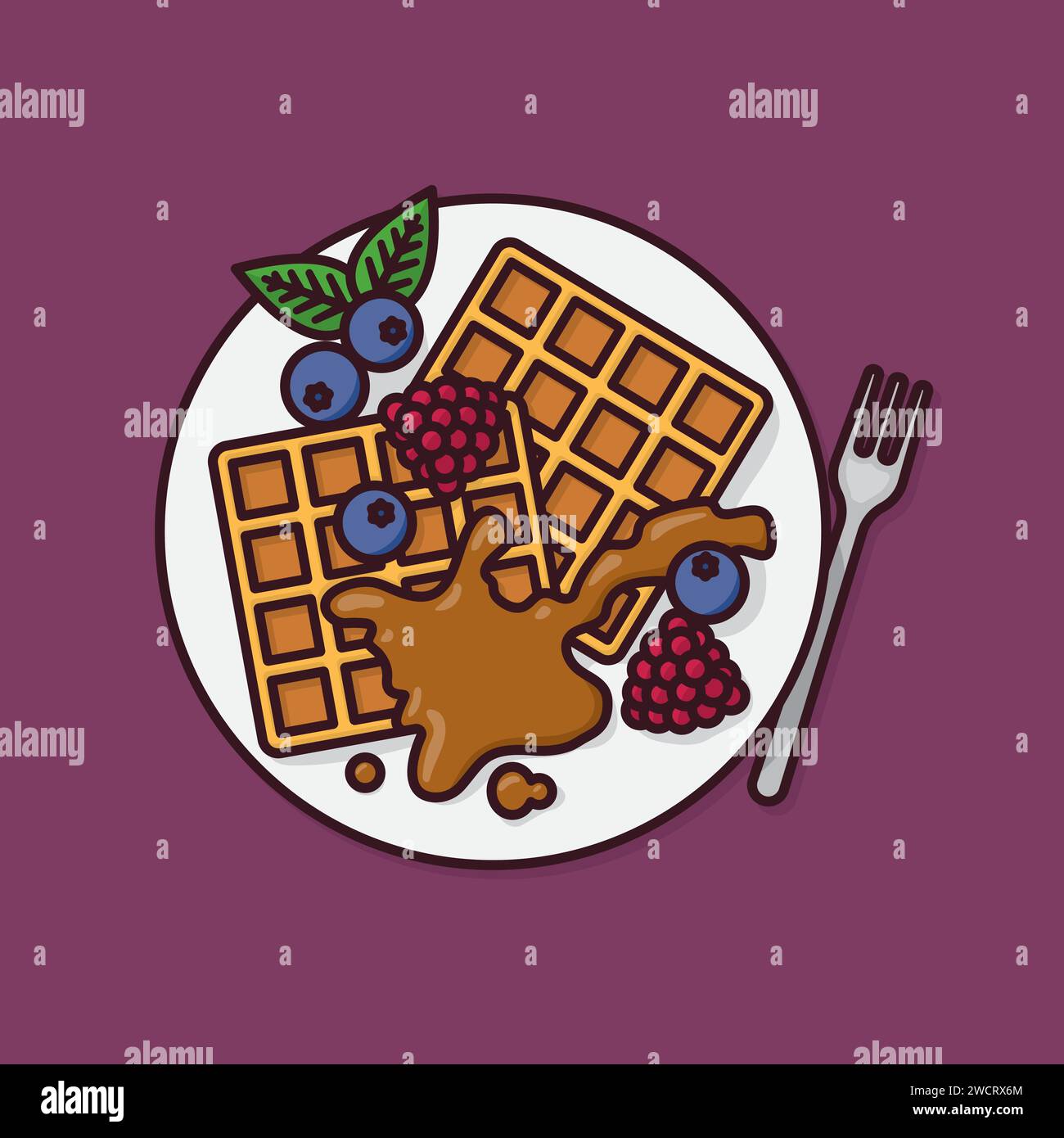 Waffle con frutti di bosco e salsa al caramello sul piatto illustrazioni vettoriali per la giornata internazionale del waffle il 25 marzo Illustrazione Vettoriale