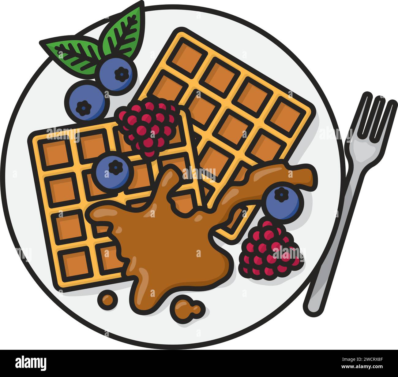 Waffle con frutti di bosco e salsa al caramello sul piatto illustrazioni vettoriali isolate per la giornata internazionale delle waffle il 25 marzo Illustrazione Vettoriale