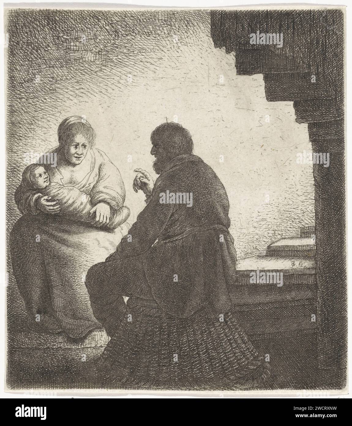 Famiglia seduta a una scala a chiocciola, Jan Gillisz. Van Vliet, 1634 - 1635 stampa Un uomo e una donna tra le braccia in una scala a chiocciola. Leiden paper etching / incisione gruppo familiare, in particolare i genitori con il loro bambino (Ren). scala. bambino, bambino. bambino in vestiti a cialde Foto Stock