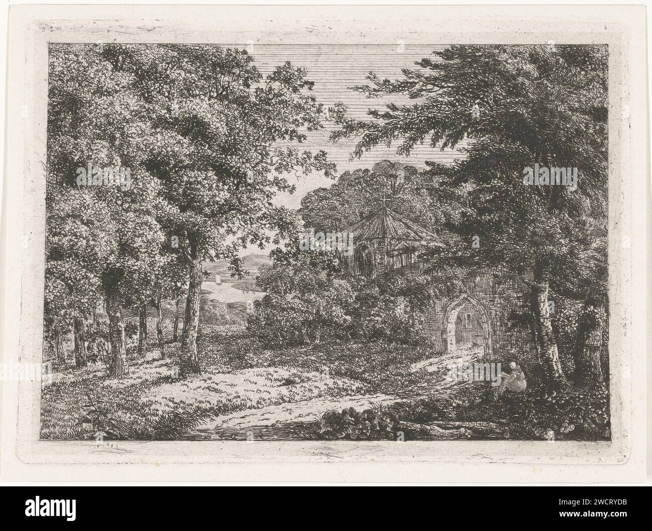 Paesaggio con cappella tra gli alberi e il monaco di lettura, Adriaan Jacob Willem van Dielen, 1782 - 1812 stampa Olanda carta incisione chiesa (esterno) - QQ - piccola chiesa, cappella Foto Stock Paesaggio con cappella tra gli alberi e il monaco di lettura, Adriaan Jacob Willem van Dielen, 1782 - 1812 stampa Olanda carta incisione chiesa (esterno) - QQ - piccola chiesa, cappella Foto Stock