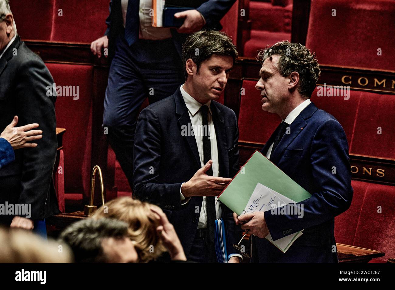 Parigi, Francia. 4 settembre 2021. Antonin Burat/le Pictorium - sessione di interrogazioni al governo del 16 gennaio 2024, all'Assemblea nazionale francese - 04/09/2021 - Francia/Parigi - primo ministro Gabriel Attal e ministro della transizione ecologica Christophe Bechu, durante la sessione di interrogazioni al governo del 16 gennaio 2024, all'Assemblea nazionale francese. Crediti: LE PICTORIUM/Alamy Live News Foto Stock