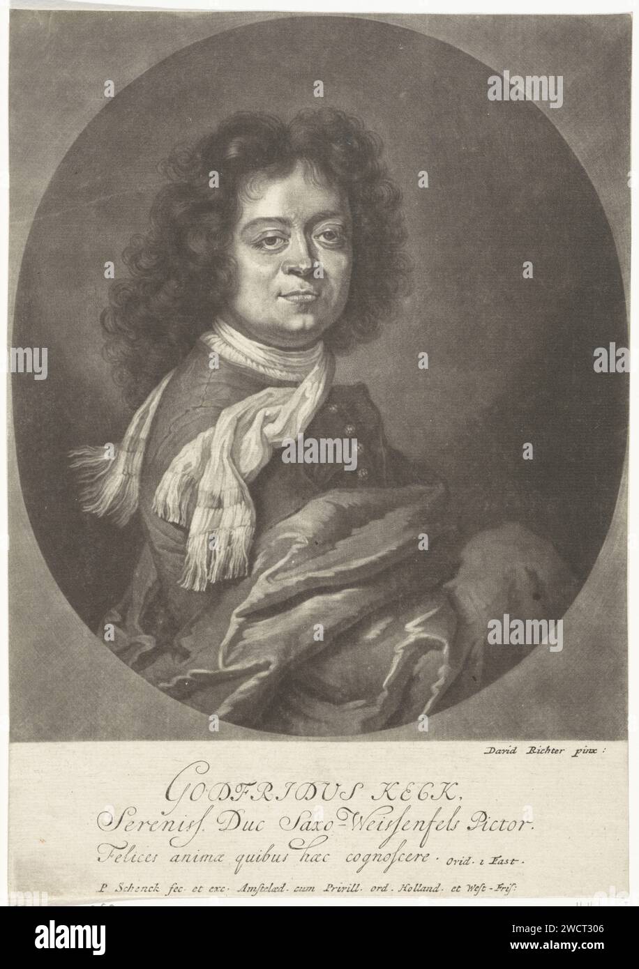 Ritratto del pittore di corte Gottfried Keck, Pieter Schenk (i), dopo David Richter (i), 1670 - 1713 stampa Amsterdam carta incisione ritratto, autoritratto del pittore Foto Stock