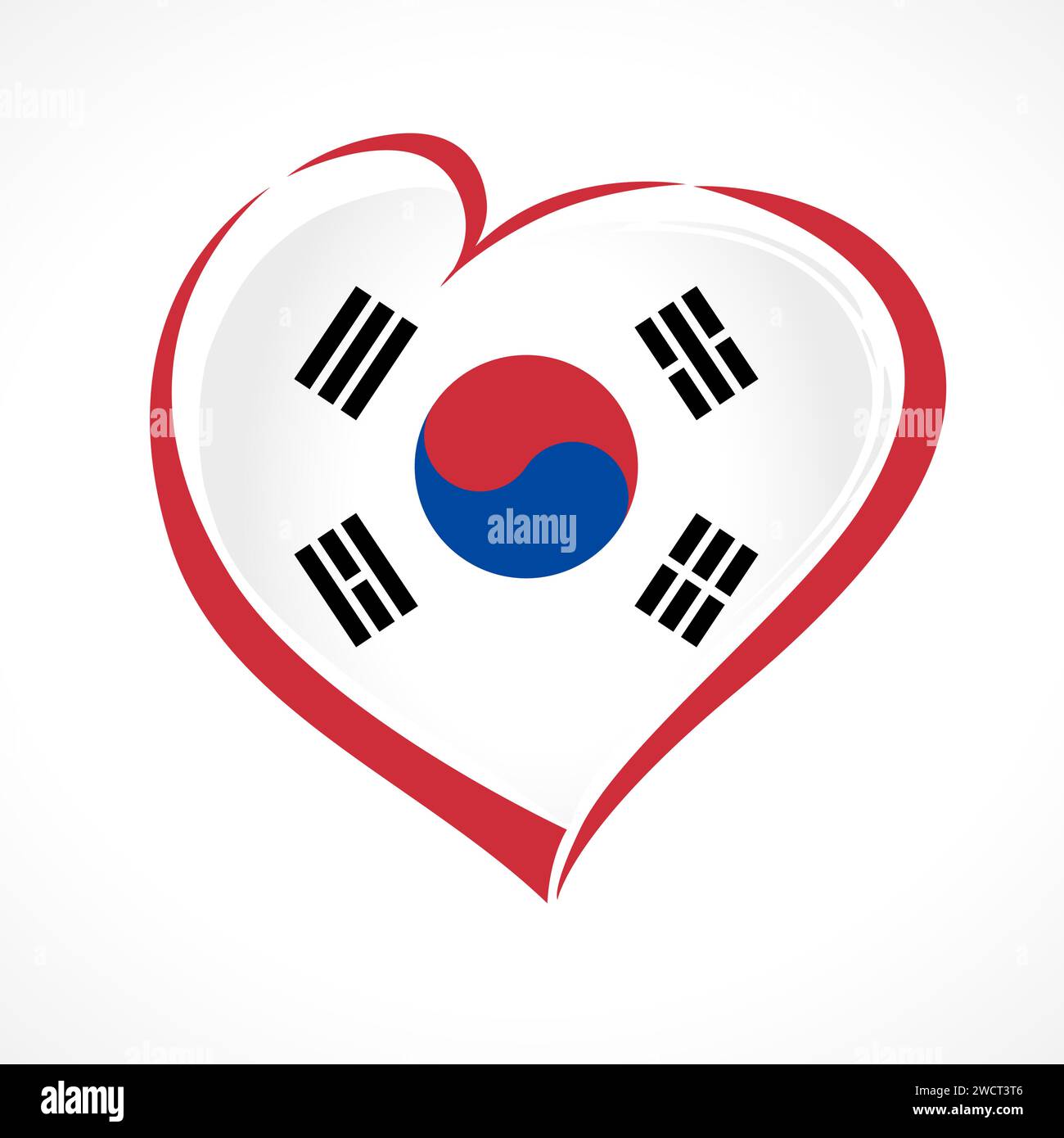 Icona creativa a forma di cuore con bandiera nazionale coreana. Logo o concetto di logo. Concetto sportivo, politico o turistico. Simbolo dell'agenzia di viaggi. Benvenuto in Corea Illustrazione Vettoriale