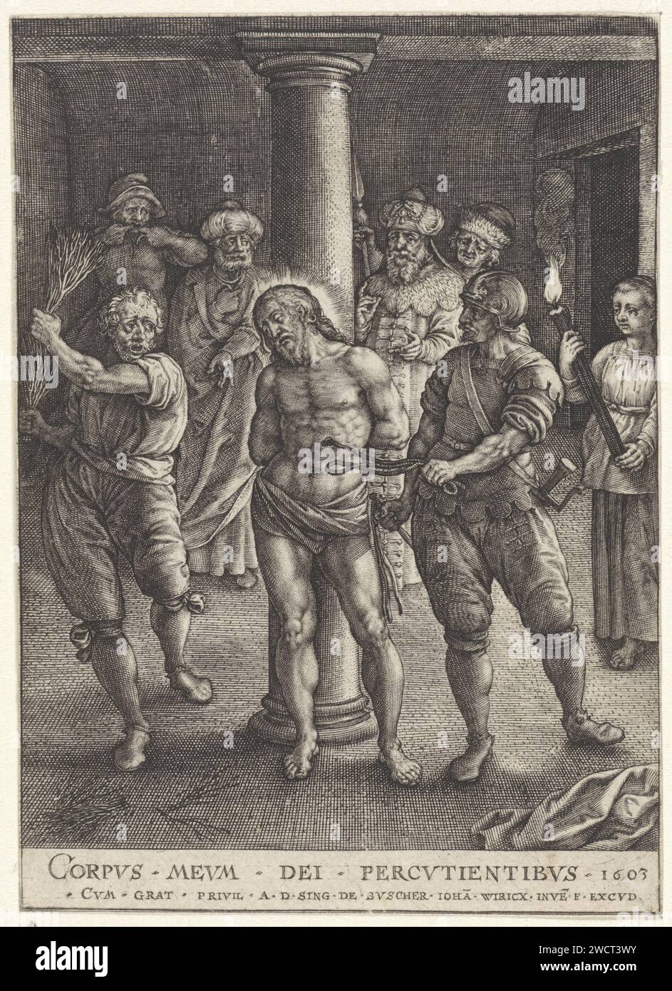 DISCORSO DI CRISTO, JOHANNES WERIX, stampa del 1603 Cristo, legato ad un pilastro, viene lanciato dai soldati. Sullo sfondo gli spettatori, tra cui Pilato. Carta di Anversa incisione flagellazione da parte dei soldati, Cristo di solito legato a una colonna (Matteo 27:26; Marco 15:15; Giovanni 19:1) Foto Stock DISCORSO DI CRISTO, JOHANNES WERIX, stampa del 1603 Cristo, legato ad un pilastro, viene lanciato dai soldati. Sullo sfondo gli spettatori, tra cui Pilato. Carta di Anversa incisione flagellazione da parte dei soldati, Cristo di solito legato a una colonna (Matteo 27:26; Marco 15:15; Giovanni 19:1) Foto Stock