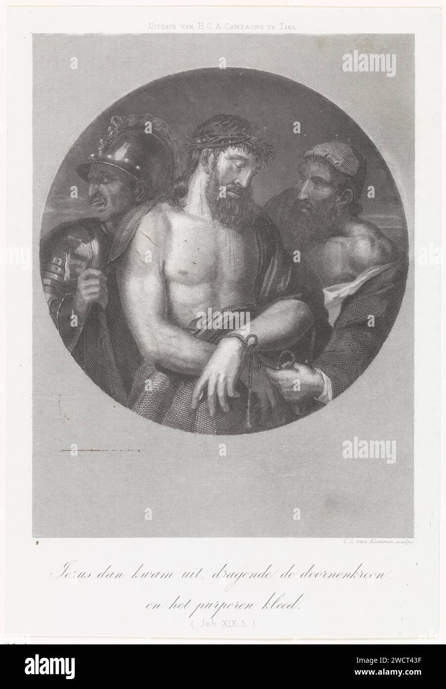 Ecce Homo, Christiaan Lodewijk van Kesteren, 1842 - 1897 stampa il Cristo affascinato, con la corona sulla testa, è mostrato al popolo. (Giovanni 19.5) incisione di carta / incisione di Cristo solo (chiamata anche 'Ecce Homo') Foto Stock