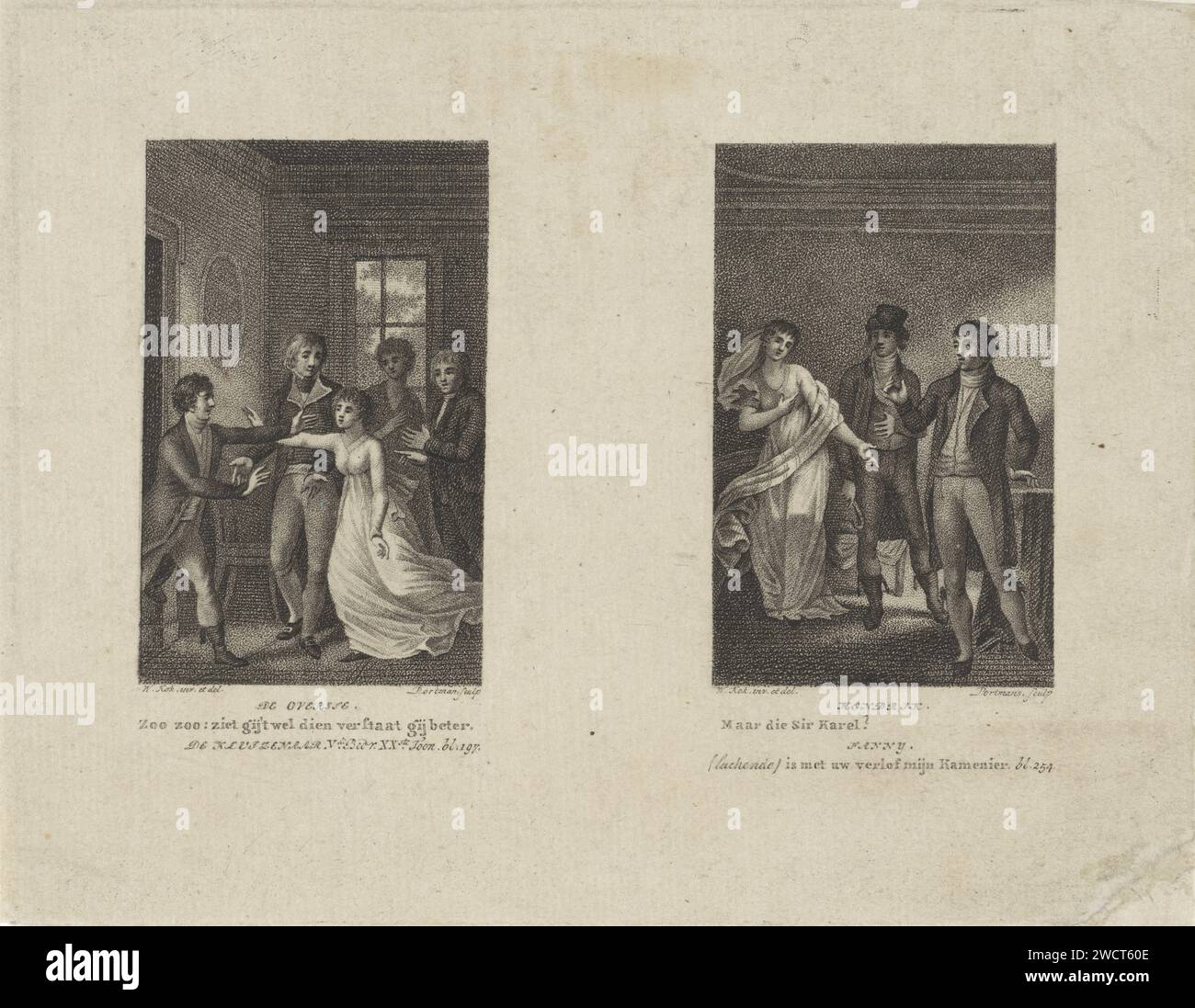 Leaf con due scene da 'De Hermitaar', Ludwig Gottlieb Portman, dopo Willem Kok, 1787 - 1828 stampa Leaf con due scene da 'De Hermitaar'. A sinistra: I numeri in una partenza riuniti. Destra: Cifre in una partenza nella conversazione. Sotto le esibizioni i dialoghi tra il superiore, Fanny e Hendrik in olandese. Illustrazione della quinta compagnia della commedia "De Hermitaar". Teatro di incisione della carta dei Paesi Bassi del Nord, spettacolo teatrale Foto Stock
