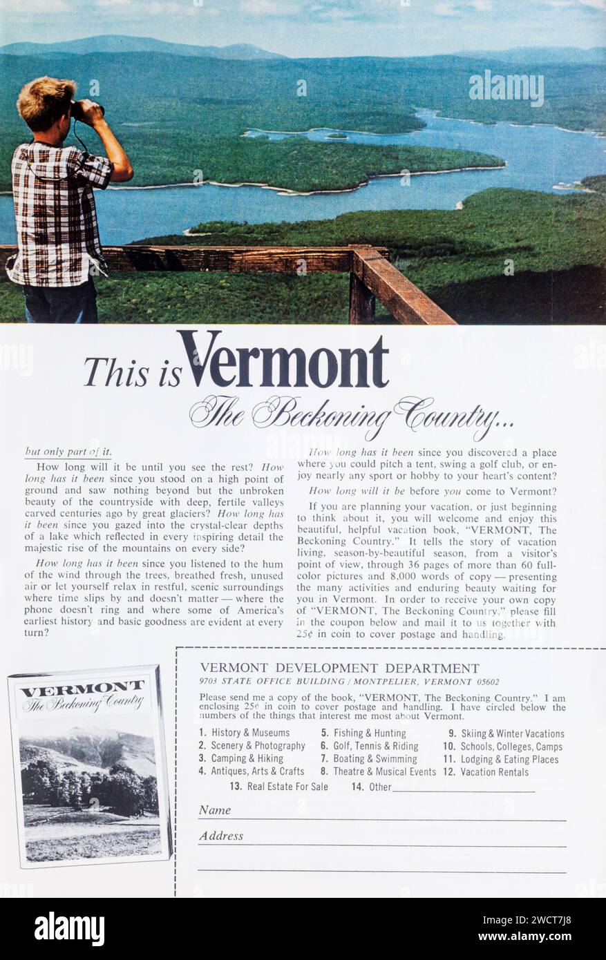 Pubblicità di 1966 rivista che pubblicizza il Vermont come destinazione di vacanza. Foto Stock