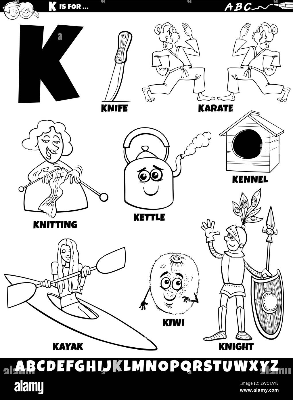 Illustrazione di cartoni animati di oggetti e caratteri impostati per la pagina di colorazione lettera K. Illustrazione Vettoriale