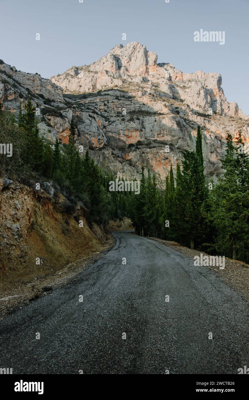 Una tranquilla strada di ghiaia che si snoda attraverso un'area boscosa che conduce ad una maestosa vetta montuosa Foto Stock