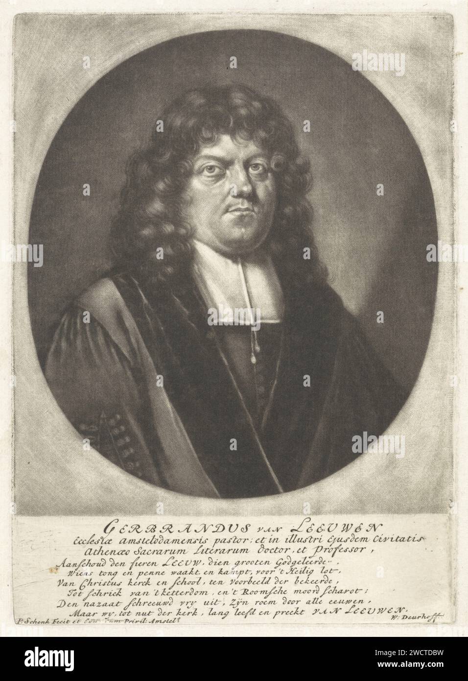 Ritratto di Gerbrand van Leeuwen, Pieter Schenk (i), 1670 - 1713 stampa il pastore e professore Gerbrand van Leeuwen. Incisione su carta di Amsterdam Foto Stock
