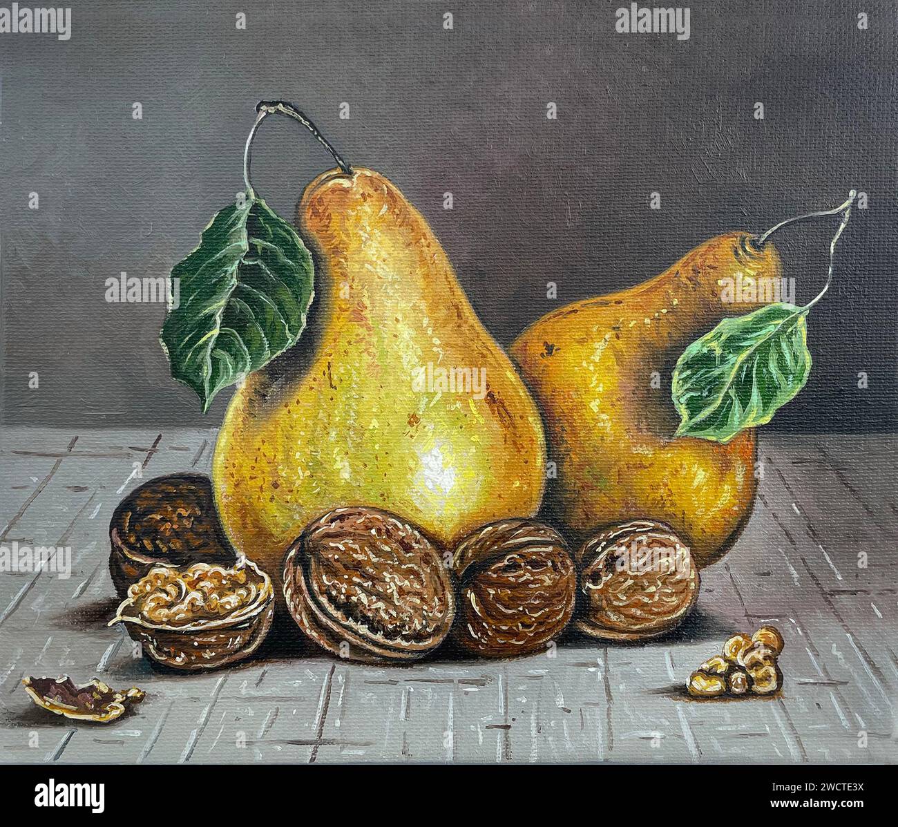 Un'opera d'arte astratta con pittura a olio STILL Life con pere circondate da noci, ideale per l'arredamento della casa Foto Stock