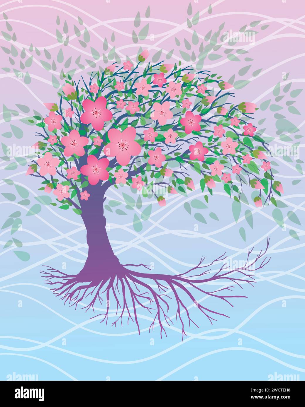 Un albero di vita rosa o yggdrasil con fiori di fiori rosa. L'albero è di colore rosa e blu. Lo sfondo è di colore blu e rosa. Illustrazione Vettoriale