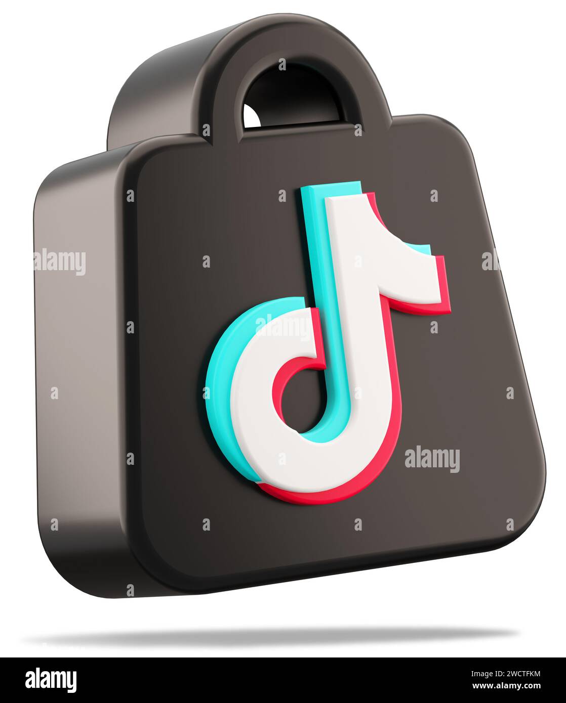 Valencia, Spagna - gennaio 2024: Icona del logo isolato TikTok Shop su sfondo bianco, simbolo ritagliato fluttuante nel rendering 3D. Tik tok shop è un e-com Foto Stock