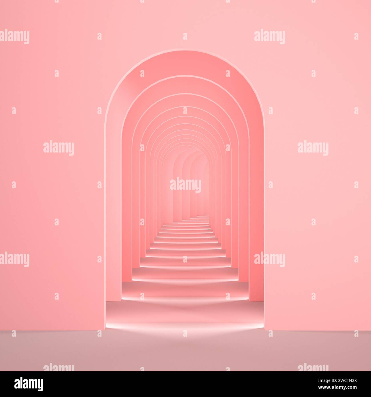 Rendering 3d surreale rosa. Rendering astratto del concetto di corridoio ad arco color rosa pastello. Illustrazione 3d degli interni surrealistica. Foto Stock