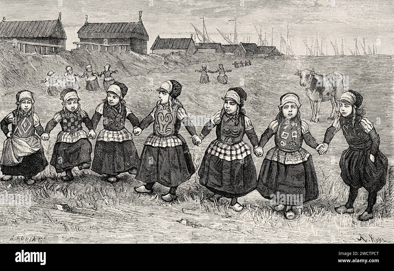 Danza tradizionale dei bambini di Marken, Zuiderzee , Olanda. Europa. Olanda 1878 di Charles de Coster (1827 - 1879) incisione del vecchio XIX secolo da le Tour du Monde 1880 Foto Stock