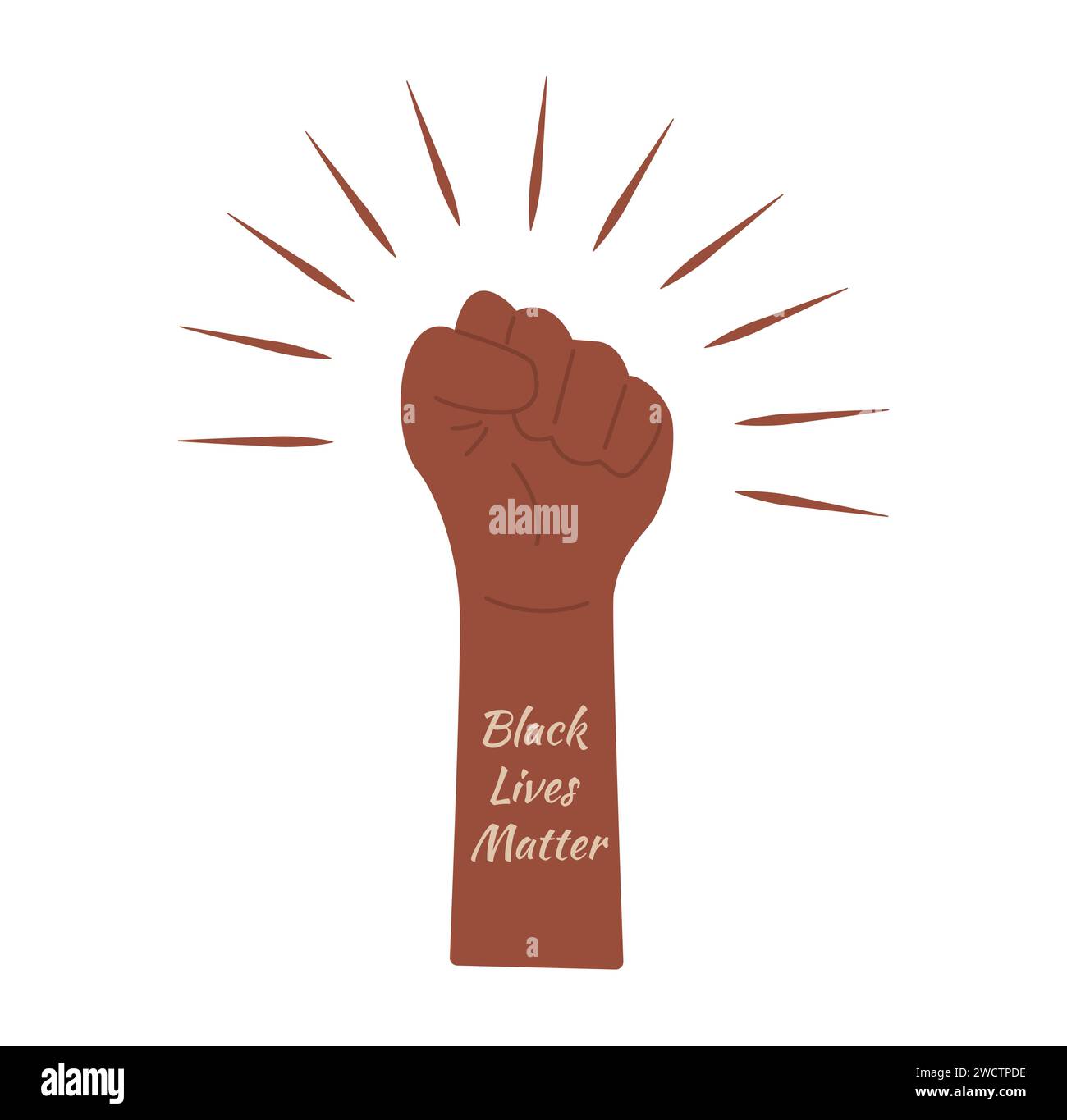 Dimostrazione, rivoluzione, protesta a pugno di braccio alzato con la didascalia Black Lives Matter. Sfondo isolato braccio nero. Illustrazione vettoriale. Pari diritti f Illustrazione Vettoriale