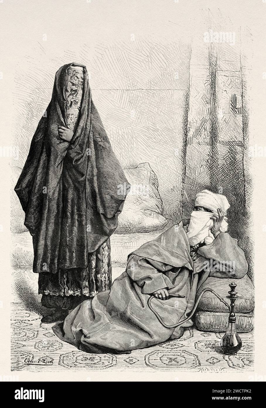 Donne vestite con abiti tipici tradizionali a Latakia. Viaggio in Siria 1875-1878 di Charles Louis Lortet (1836 - 1909) incisione del vecchio XIX secolo da le Tour du Monde 1880 Foto Stock