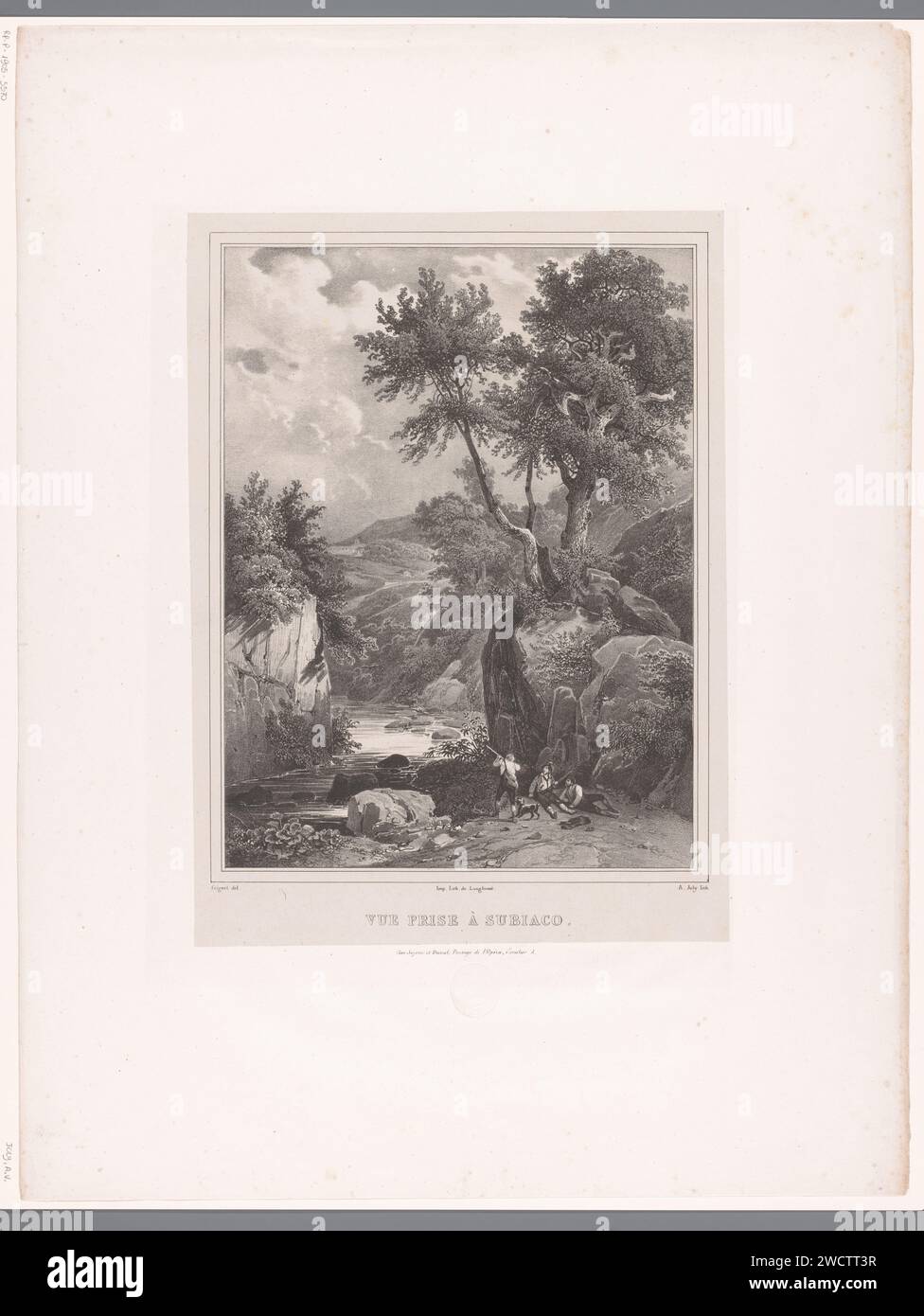 Jagers by the River Aniene at Subiaco, Alexis Victor Joly, dopo Jules Coignet, 1824 - 1826 stampa carta di Parigi. Cacciatori a caccia (N.B.: Nel 1988-1990 questa notazione denotava il concetto di 43C11421 "cacciatori che riposano durante la caccia"). fiume Subiaco (+ paesaggio con figure, personale) Foto Stock