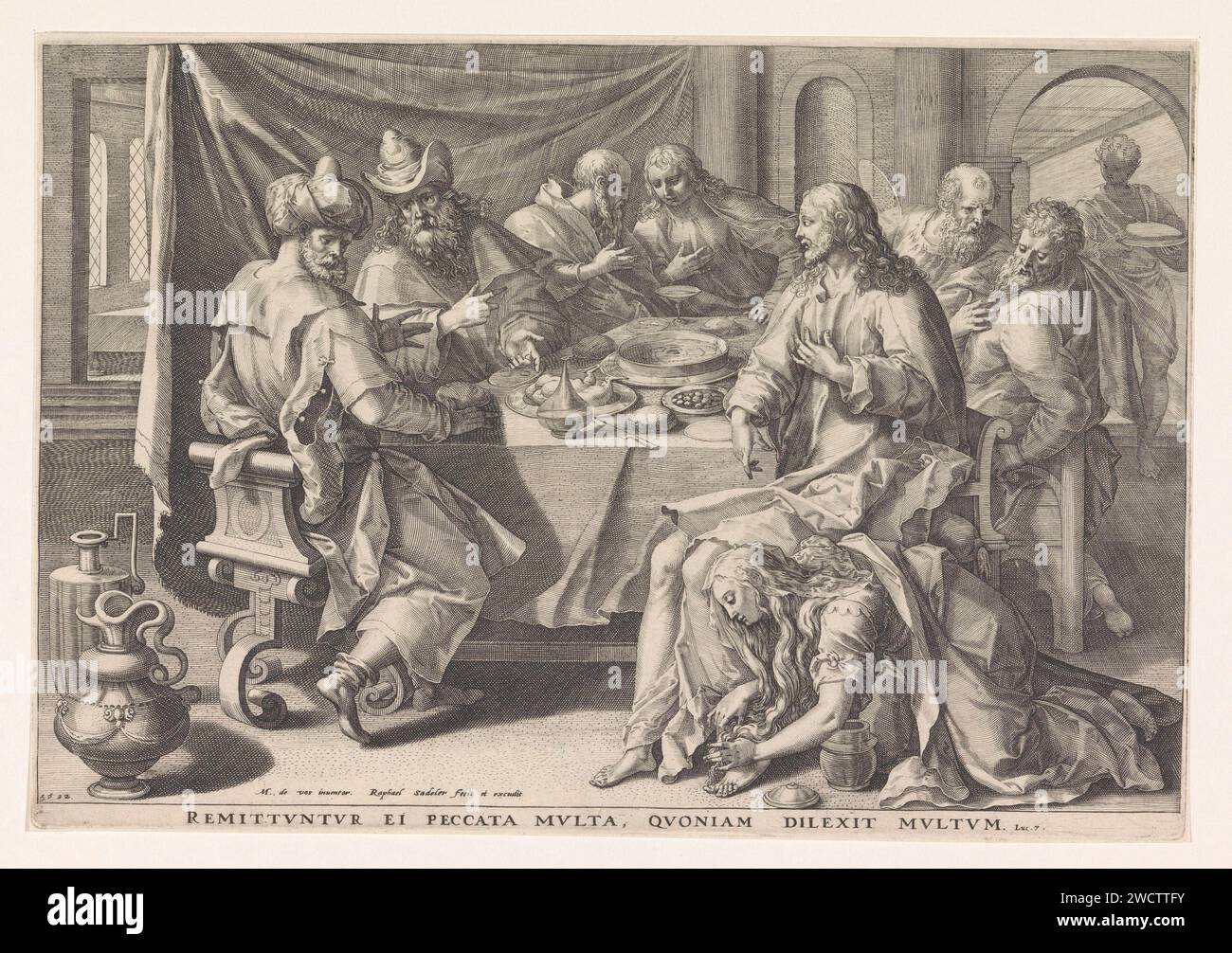 Maria Maddalena lava i piedi di Cristo, Raphaël Sadeler (i), dopo Maerten de Vos, 1592 stampa un interno di una casa con in primo piano Cristo e i suoi studenti a un tavolo. Maria Magdalena, una gabbia di luce, asciuga i piedi di Cristo con i suoi capelli. Poi unirà i piedi. Giuda Iskariota protesta, ma Cristo spiega che bisogna perdonarla. Incisione / incisione di carta di Colonia una donna lava i piedi di Cristo con le lacrime e li strofina con i capelli Foto Stock