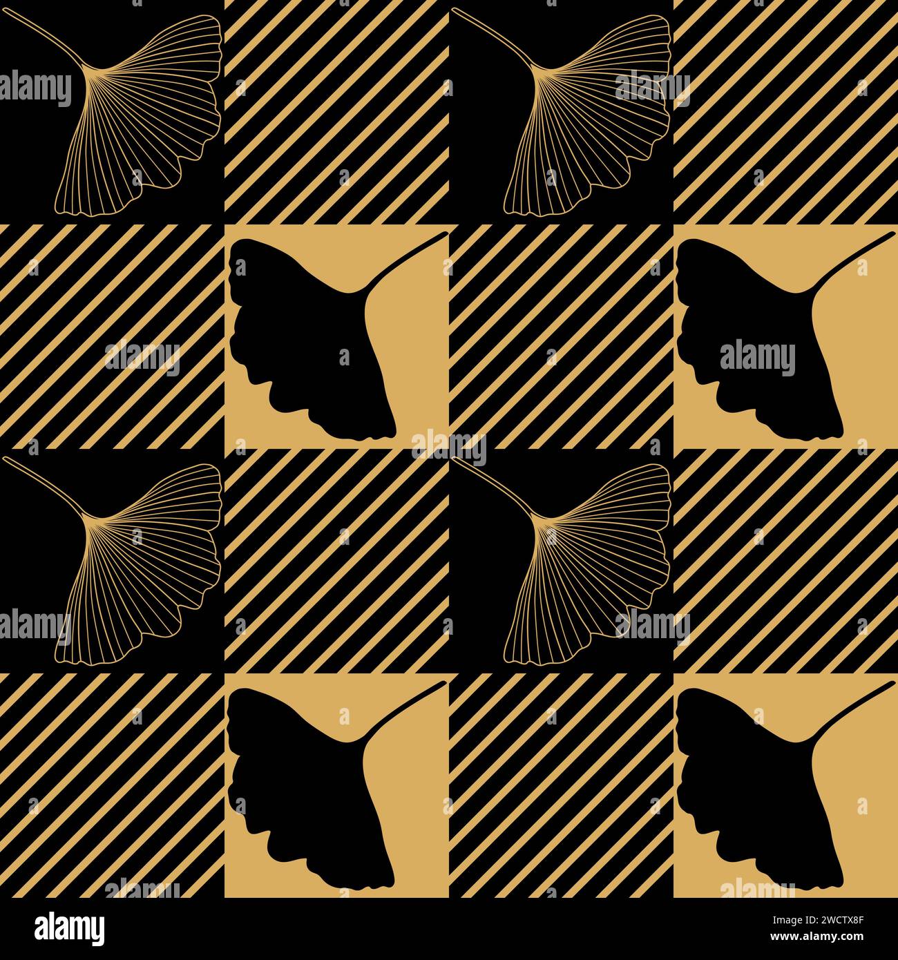 Motivo a quadri Vichy, tessuto tartan, motivo vettoriale senza cuciture con foglie di ginkgo biloba. Design a scacchi con motivo a ripetizione, carta da parati, backgroun Illustrazione Vettoriale
