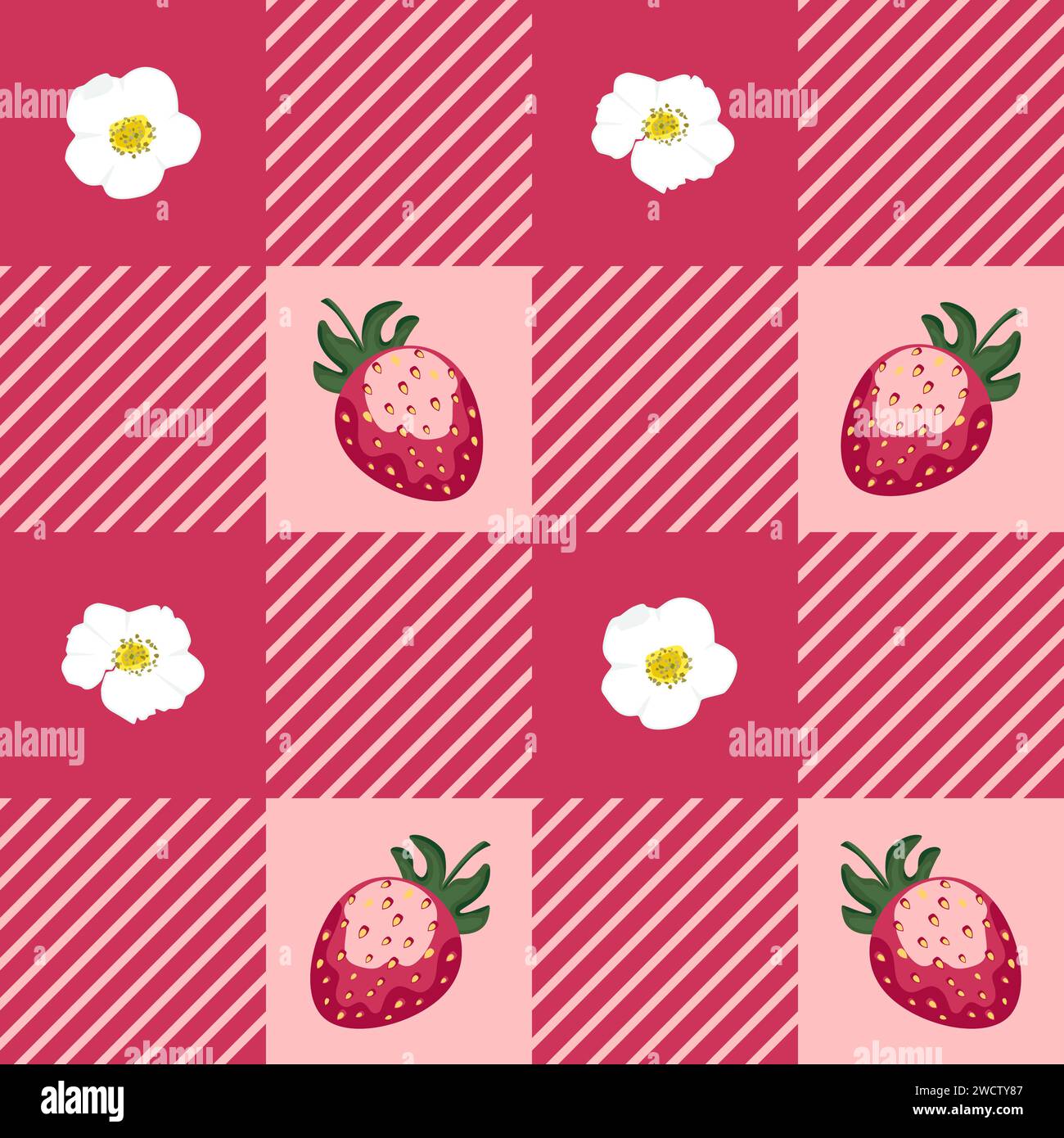 Motivo a quadri Vichy, tessuto tartan, motivo vettoriale senza cuciture con fragole. Motivo a scacchi con ripetizione in tessuto, carta da parati, sfondo. Illustrazione Vettoriale