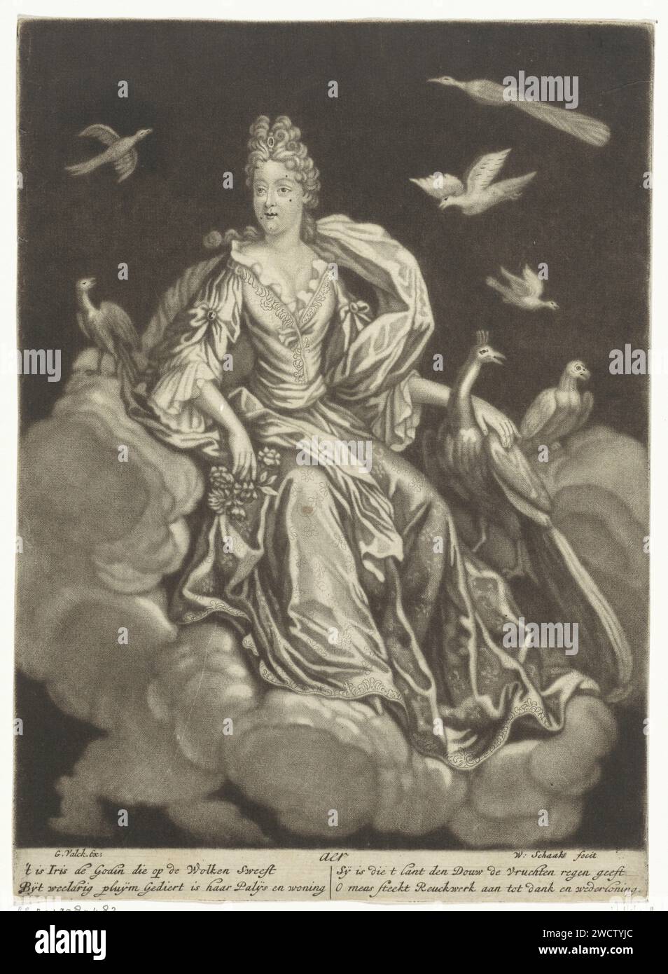 Aria, Willem Schaak, 1680 - 1726 stampa l'elemento aria. La dea Iris è tra le nuvole con un pavone. Gli uccelli volano intorno a loro. Incisione su carta di Amsterdam "aria", "Carro del Air" (Ripa). Iris. nuvole Foto Stock