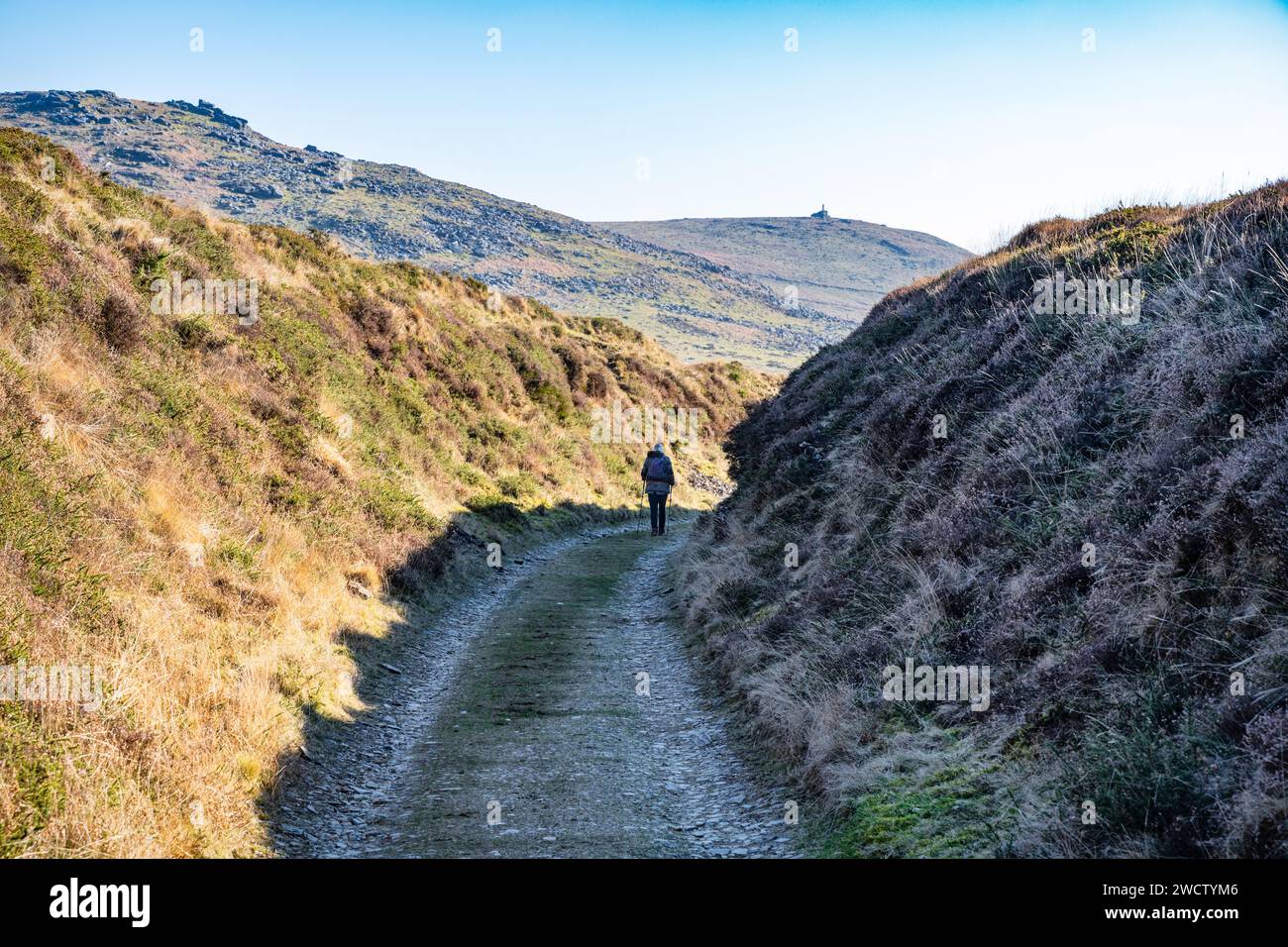 Un escursionista passeggia attraverso un'ex ferrovia che taglia lo storico letto della Rattlebrook Peat Railway, Dartmoor National Park, Devon, Regno Unito. Foto Stock