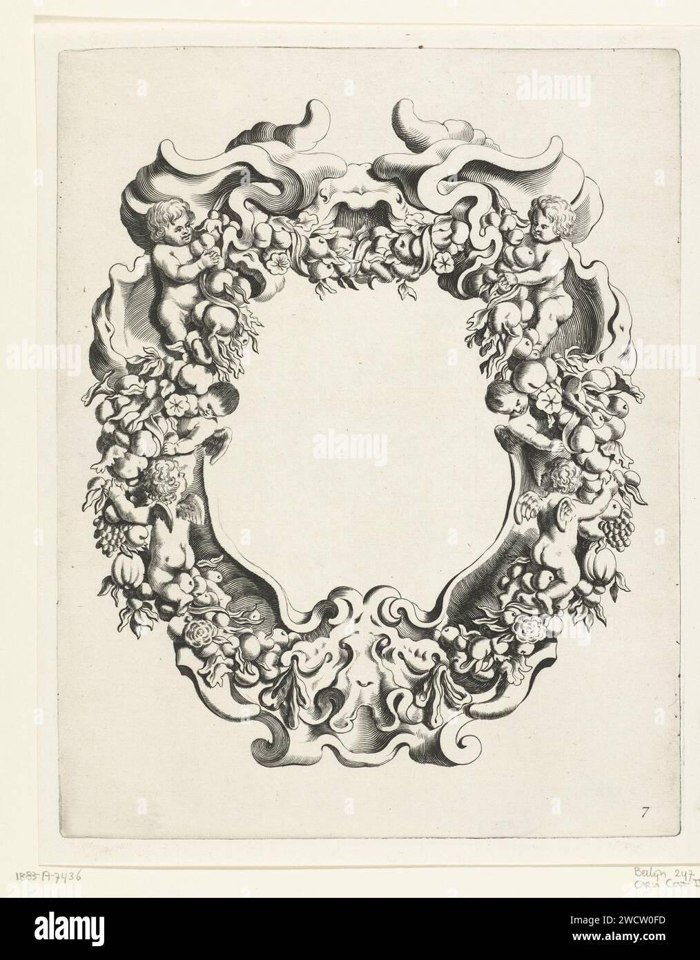Cartiglio con ornamento a lobi con due putti e quattro angeli, Michiel Mosijn, dopo Gerbrand van den Eeckhout, stampa 1640 - 1655 decorata con una ghirlanda di fiori e frutta. Una maschera in alto e in basso. Incisione/incisione su carta Amsterdam Foto Stock