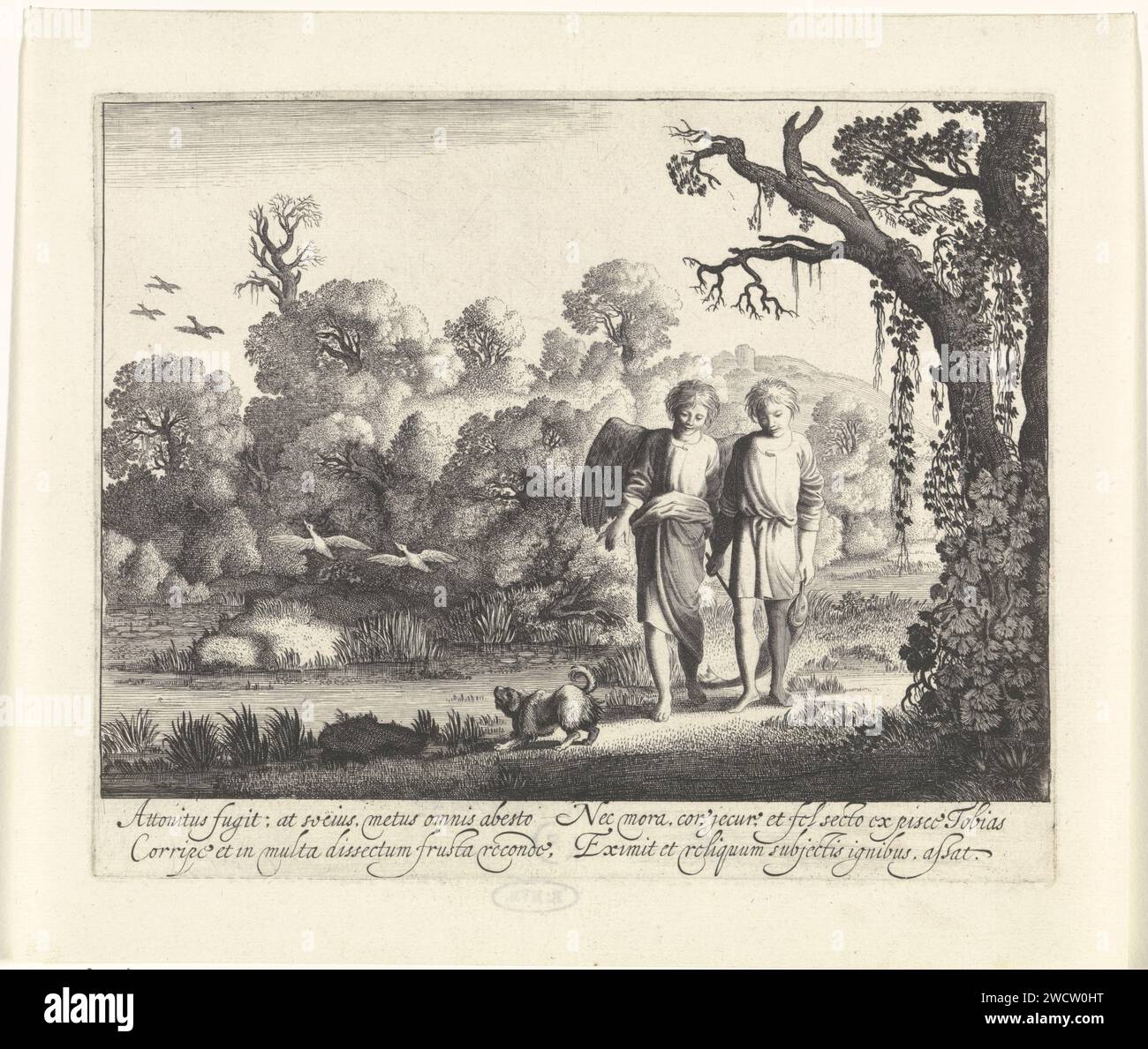 Tobias con il pesce continua il suo viaggio con Raphaël, Jan van de Velde (II), dopo Moyses van Wtenbrouck, 1603 - 1641 stampa Tobias e l'Engel Rafaël continuano il loro viaggio, Tobias indossa il pesce catturato da lui. Terza stampa di una serie di quattro sulla storia della Bibbia di Tobias. L'incisione/incisione della carta dei Paesi Bassi settentrionali Tobias e l'angelo Raffaello continuano il loro viaggio; di solito Tobias trasportano il pesce Foto Stock