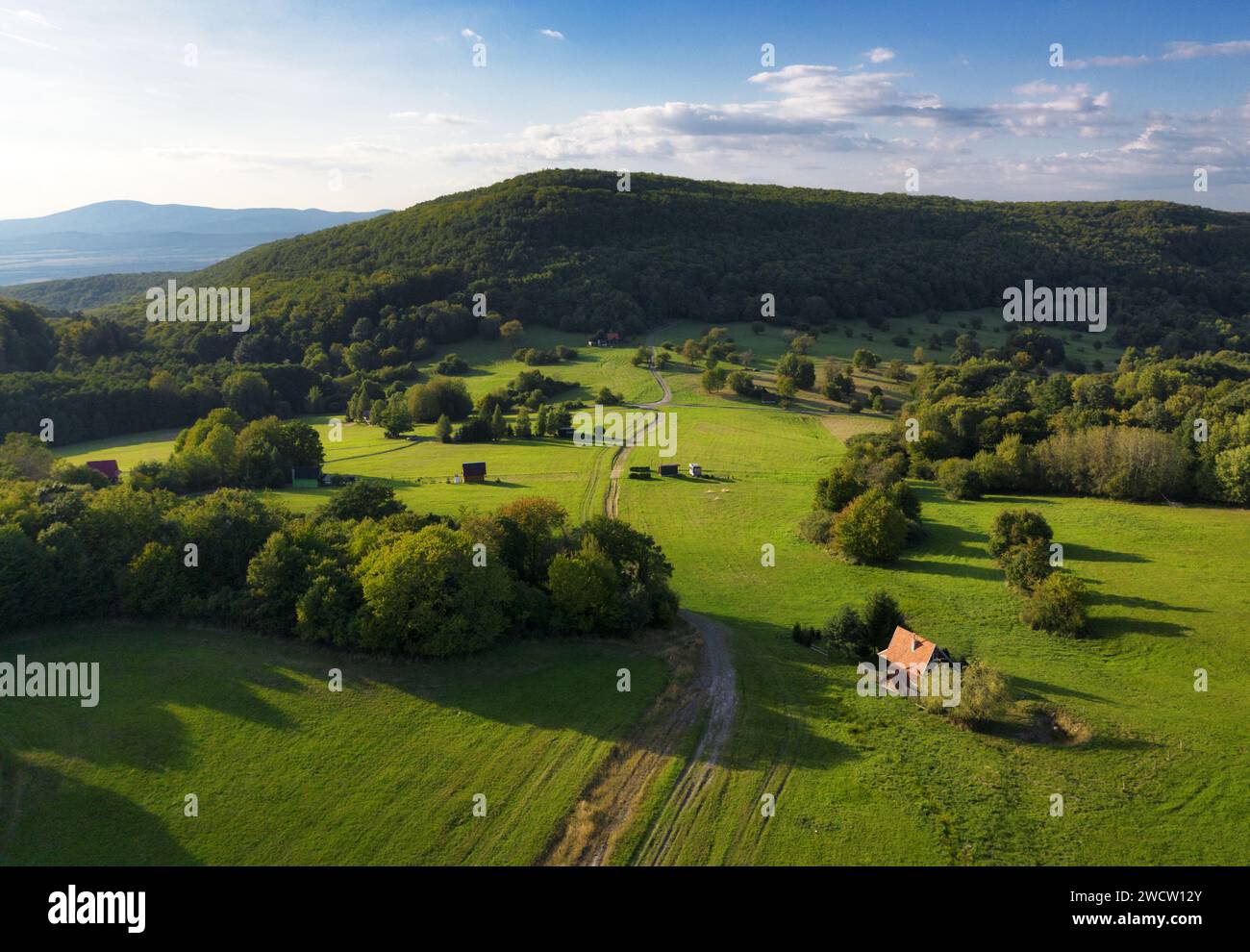 paesaggio naturale idilliaco con prati e cottage in verdi colline montane dal drone Foto Stock