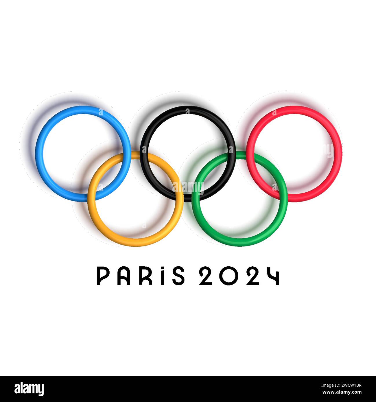 Anelli olimpici 3d Parigi 2024, Francia isolata su sfondo bianco. Logo ufficiale dei Giochi Olimpici. Illustrazione vettoriale Illustrazione Vettoriale