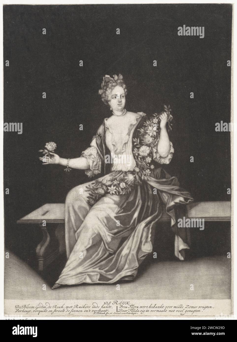 Odore: Donna con fiori nelle mani, Pieter Schenk (i), 1670 - 1713 stampa Amsterdam carta incisione odore, odore (uno dei cinque sensi). fiori recisi; nosegay, mazzo di fiori Foto Stock