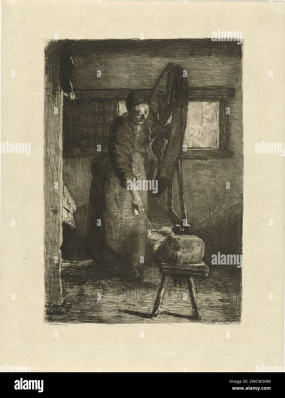 Spinster at Work, Ferdinand Oldewelt, 1872 - 1897 print Netherlands paper etching / dry point spinning (fabbricazione di filati). ruota che gira a vuoto Foto Stock