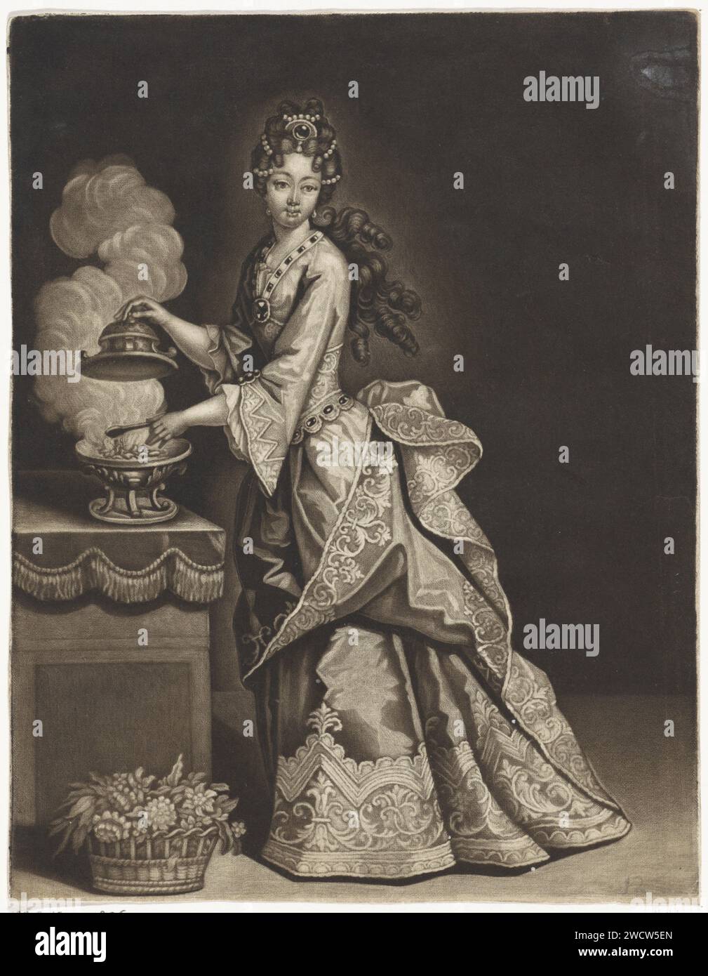 Odore: Donna accanto a una pentola fumante, Pieter Schenk (i), 1670 - 1713 stampa Amsterdam, odore, odore (uno dei cinque sensi). perla; collana di perle (+ abiti da donna) Foto Stock