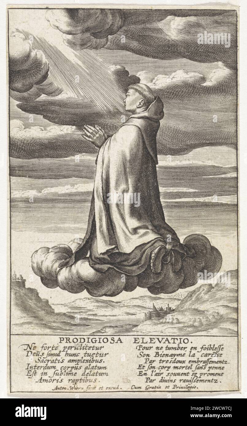 Tenhemeling di Johannes van het Kruis, Antonie Wierix (III), 1622 - 1624 stampa San Giovanni della croce è condotto al cielo su una nuvola. Ha piegato le mani in preghiera e guarda i raggi celesti. Ai margini una poesia di dodici righe, in due colonne, in latino. Carta di Anversa incisione del frate carmelitano e mistico Giovanni della Croce; possibili attributi: Libro, catene, croce, crocifisso, aquila, giglio, penna - apoteosi, gloria, trionfo del santo maschile Foto Stock