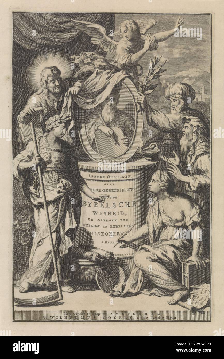 Le figure della Bibbia rivelano il ritratto di Mosè, Gilliam van der Gouwen, dopo Wilhelmus Goeree (i), dopo Philip Tidemann, nel 1690 stampa al centro un piedistallo con il ritratto di Mosè in una lista ovale. Sul piedistallo il titolo del libro. Intorno al piedistallo alcune figure della Bibbia come Cristo, Aronne, il profeta Geremia e l'Ester del Profeta. A sinistra c'è la verità della personificazione, un sole sul petto e con un mucchio di chiavi e una falce come attributi. Un angelo sullo sfondo. Carta di Amsterdam che incide le persone femminili dell'Antico Testamento (con NOME) (non in contesto biblico). Foto Stock