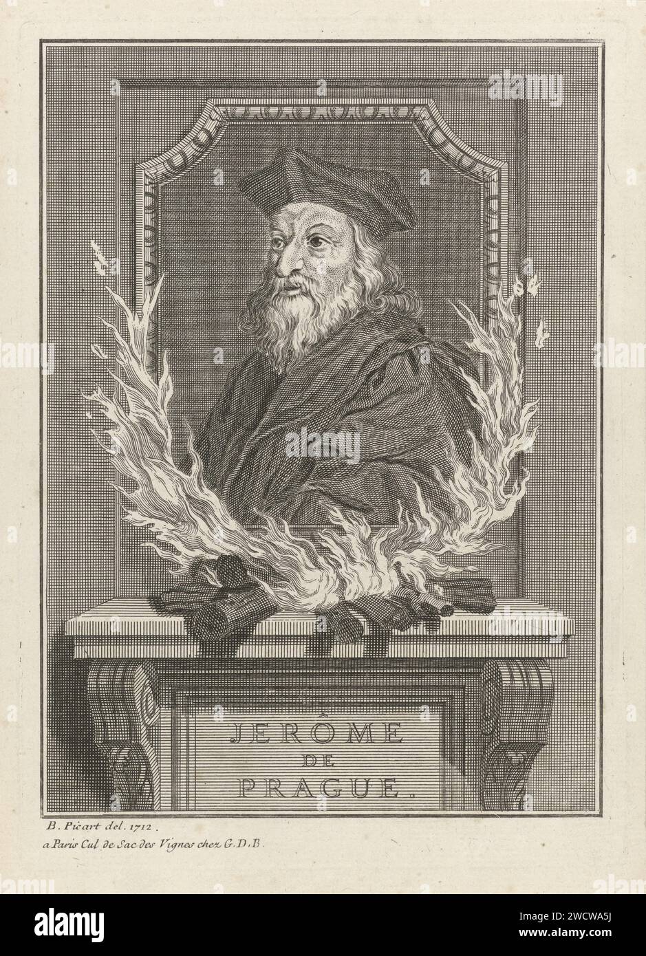 Ritratto di Hiëronymus van Praag, anonimo, dopo Bernard Picart, 1712 - 1762 stampa Ritratto di Hieronymus van Prague, studioso boemo e co-fondatore degli Ussiti. Un incendio sulla scuderia di Pieth, come riferimento alla sua morte sul rogo. Dopo il disegno di: Amsterdampublisher: Paris paper etching / incisione open Fire (in generale) Foto Stock