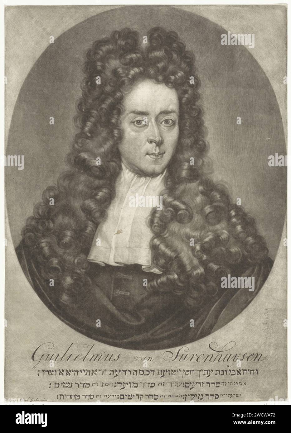 Ritratto di Willem Surenhuys, Pieter Schenk (i), 1670 - 1713 stampa Willem Surenhuys, professore in lingue orientali e professore di greco ad Amsterdam. Parrucca per incisione in carta Amsterdam Foto Stock