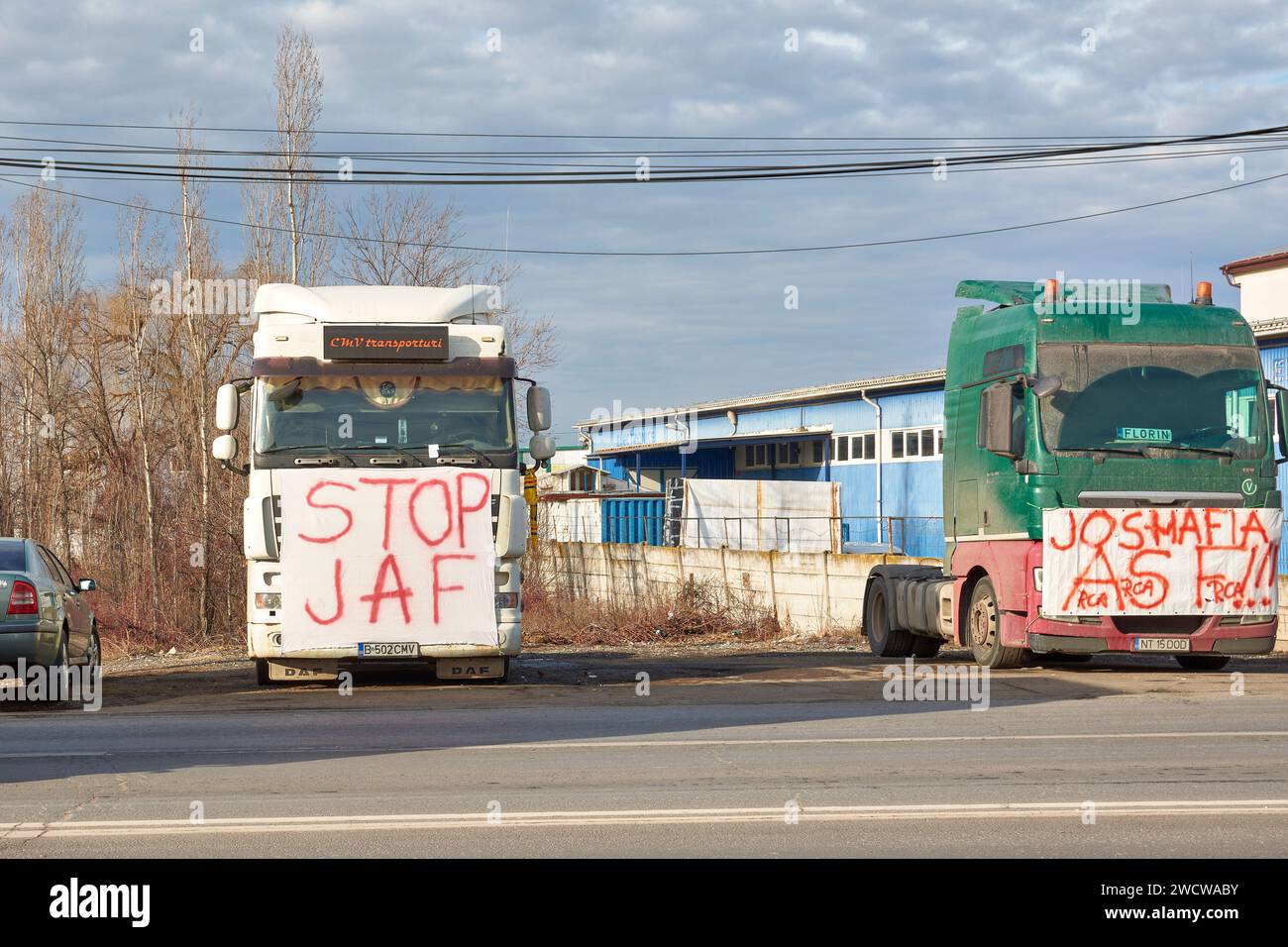 I trasportatori e gli agricoltori rumeni protestano Foto Stock