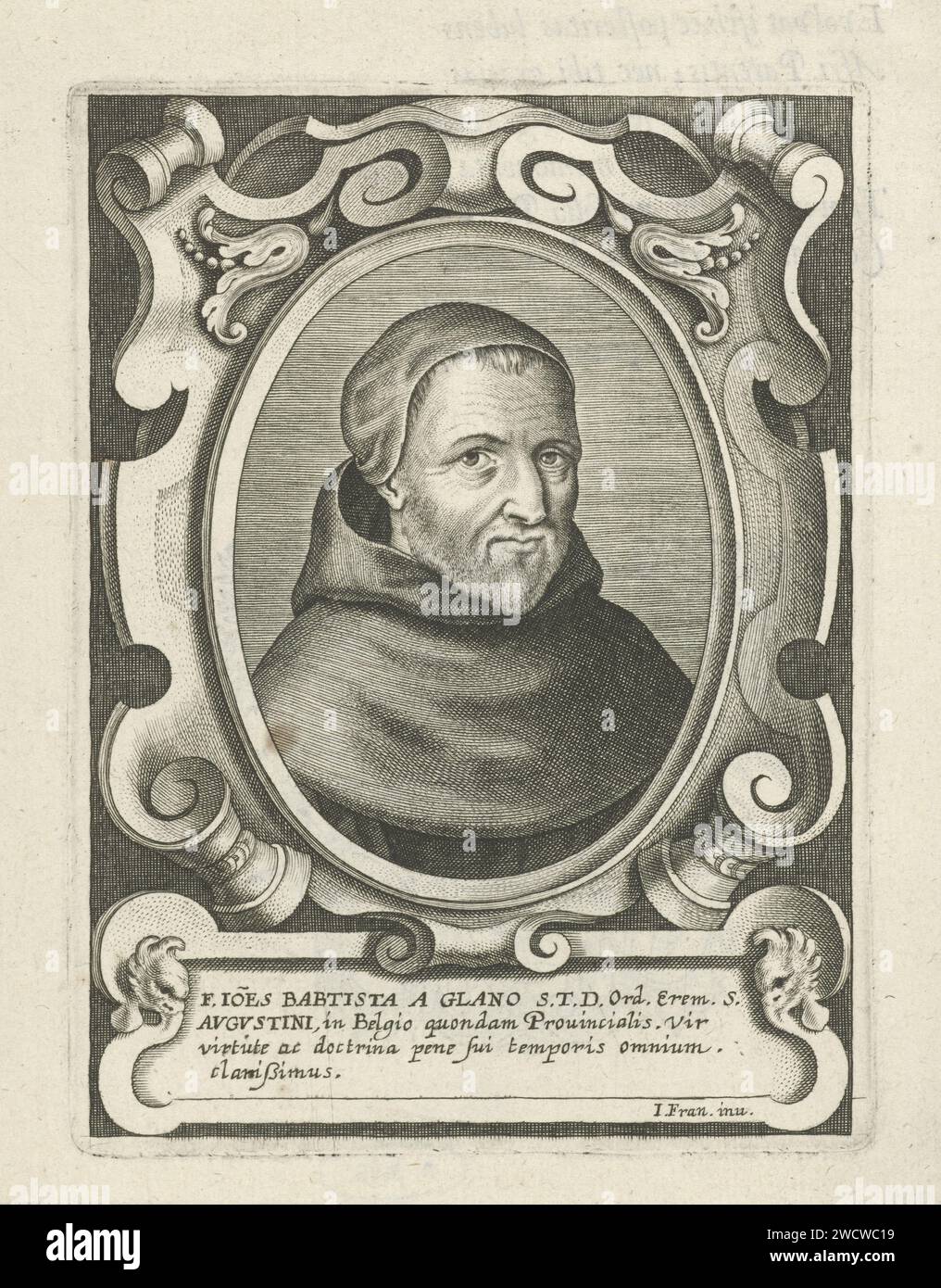 Ritratto di Augustijn Joannes Baptista A Glano, Cornelis Galle (i), dopo Jacques Franckaert (II), 1636 stampa carta Paesi Bassi del sud incisione ordini monastici, vita monastica  Chiesa cattolica romana Foto Stock