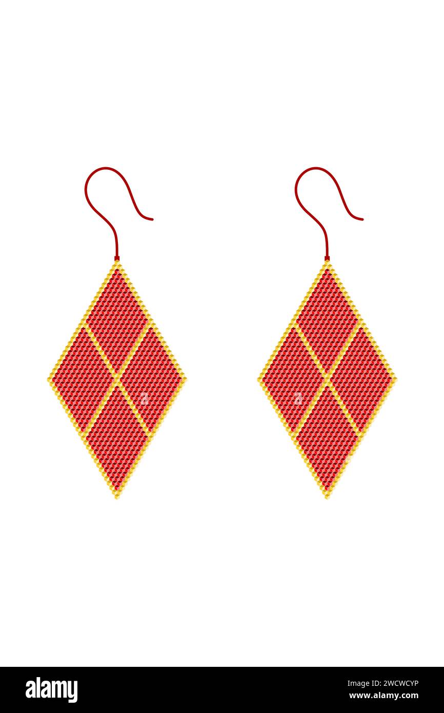 Due orecchini rossi con bordo dorato realizzati con quadrati 3D a forma di rombo composto da quattro rombo più piccoli Illustrazione Vettoriale