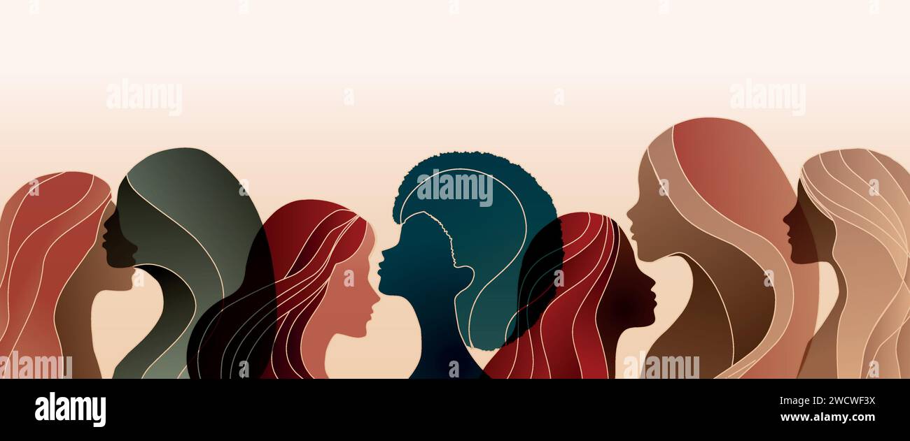 Silhouette di gruppo di donne multiculturali. Giornata internazionale delle donne. Diversità - inclusione - concetto di uguaglianza o empowerment. Contro il razzismo. Banner Illustrazione Vettoriale