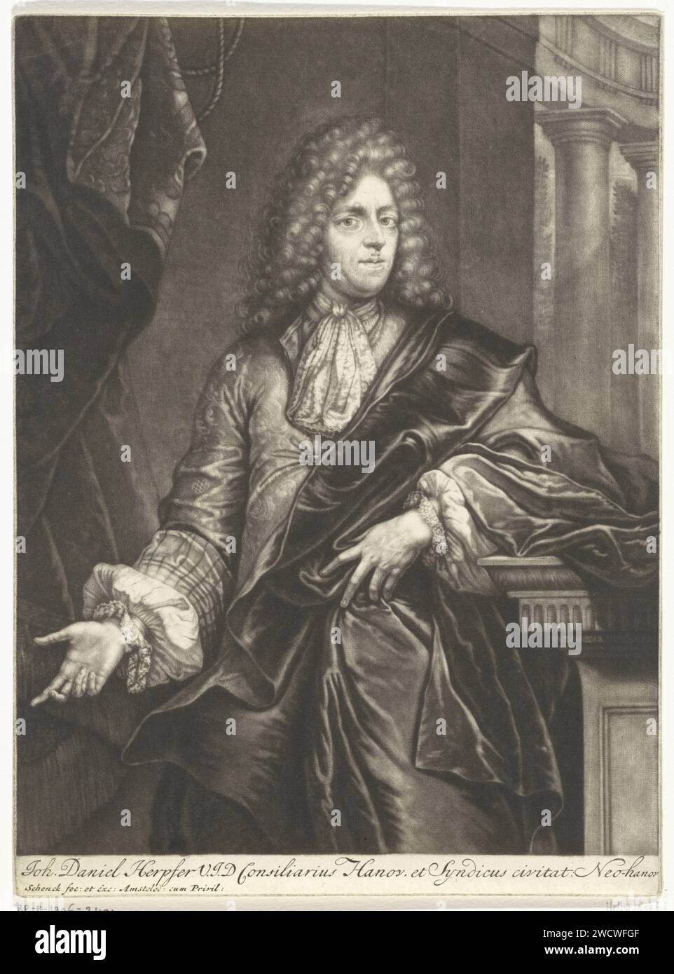 Ritratto dell'avvocato Johann Daniel Herpfer, Pieter Schenk (i), 1670 - 1713 stampa Amsterdam carta incisione parrucca Foto Stock