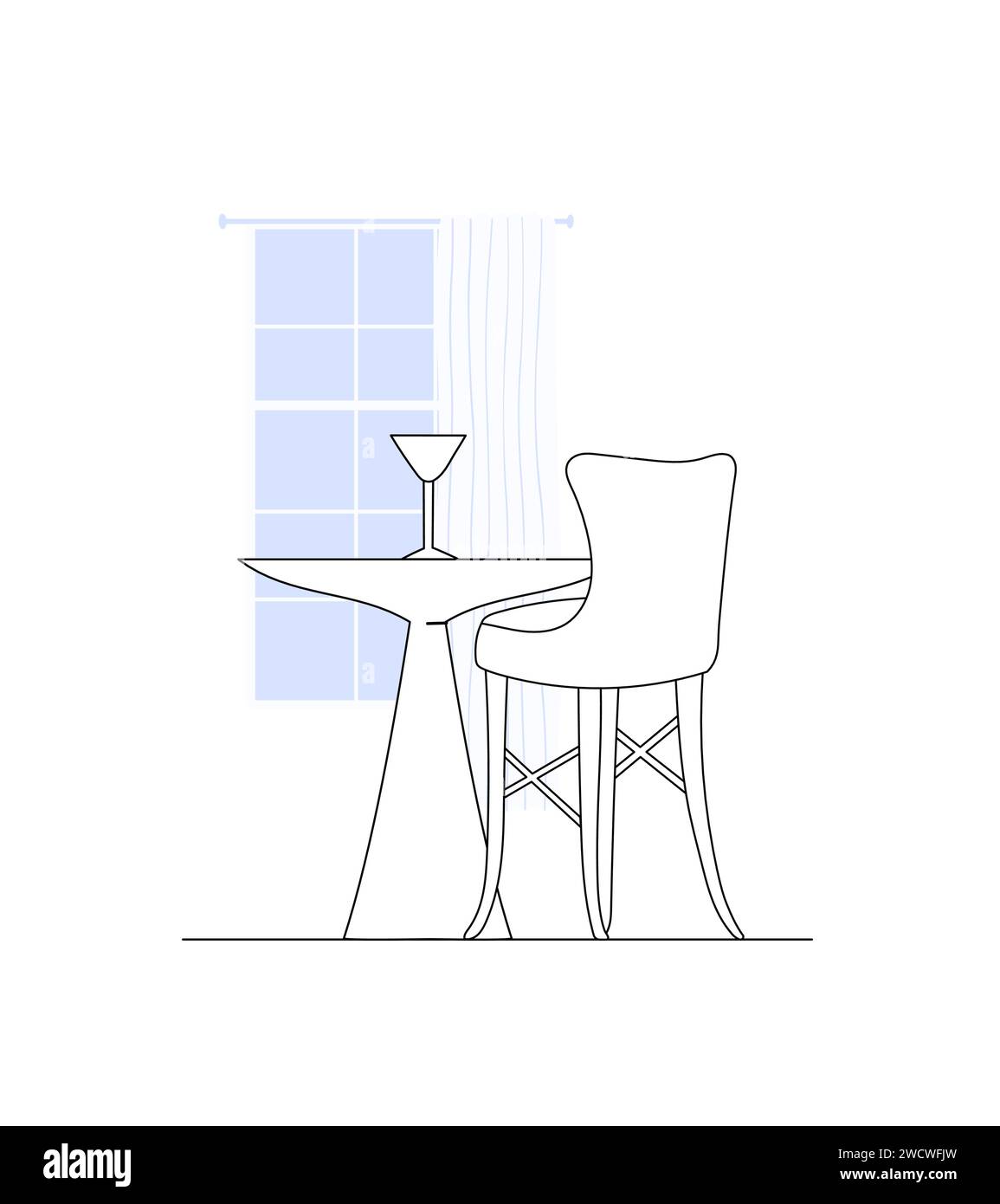 Composizione interna di tavolino e sedia singola davanti alla finestra. Tavolo da caffetteria per appuntamenti con te stesso. Illustrazione del contorno con azzurro. Illustrazione Vettoriale